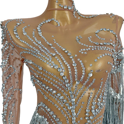 Fumao Silver Rhinestone Pearls Tassel Event Party Dress