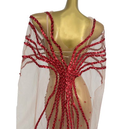 Dongmai  Perspective Red Glitter Sequin Evening Prom Dress