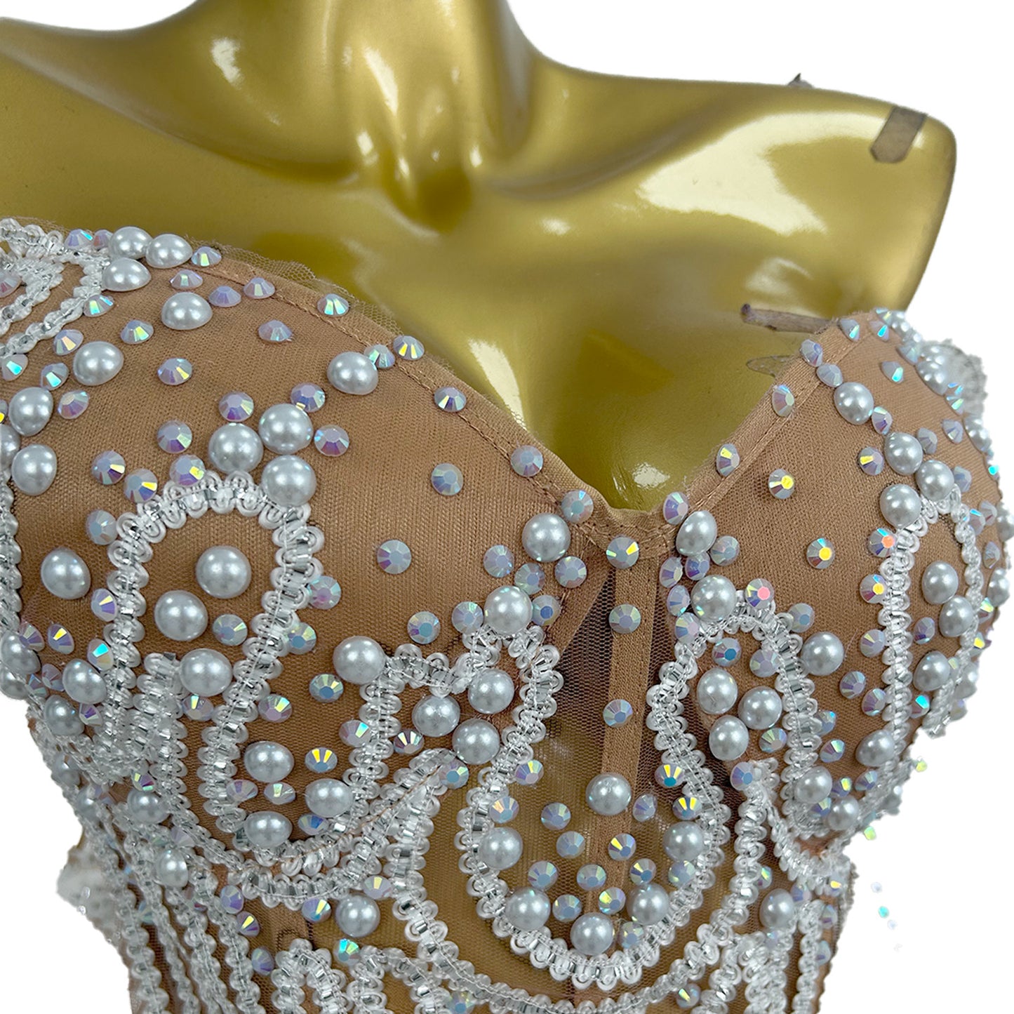 Lurong Sequins White Pearl Strapless Dress