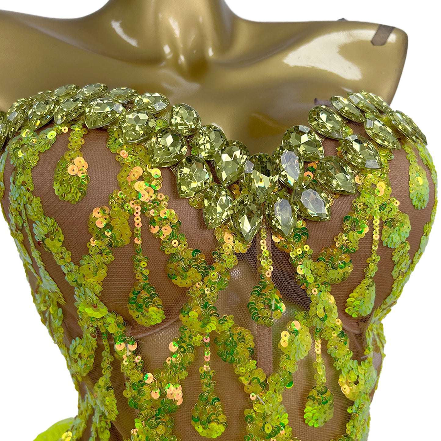 Qingtai Gold Rhinestone Crop Top Mini Skirt 2Pieces Set