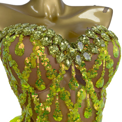 Qingtai Gold Rhinestone Crop Top Mini Skirt 2Pieces Set