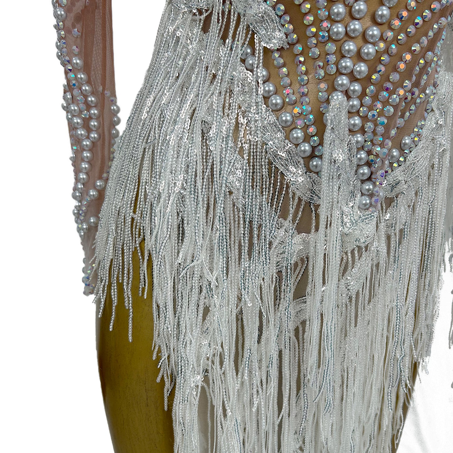 Fumao White Rhinestone Pearls Tassel Event Party Dress