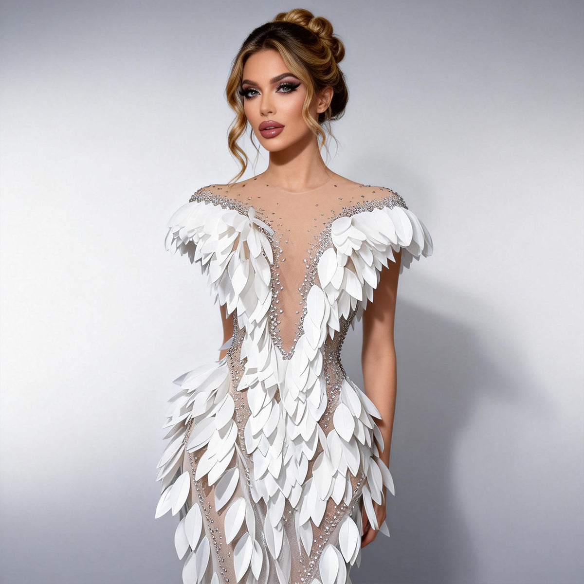 CELESINYI Baige Crystal White Feather Mermaid Gown