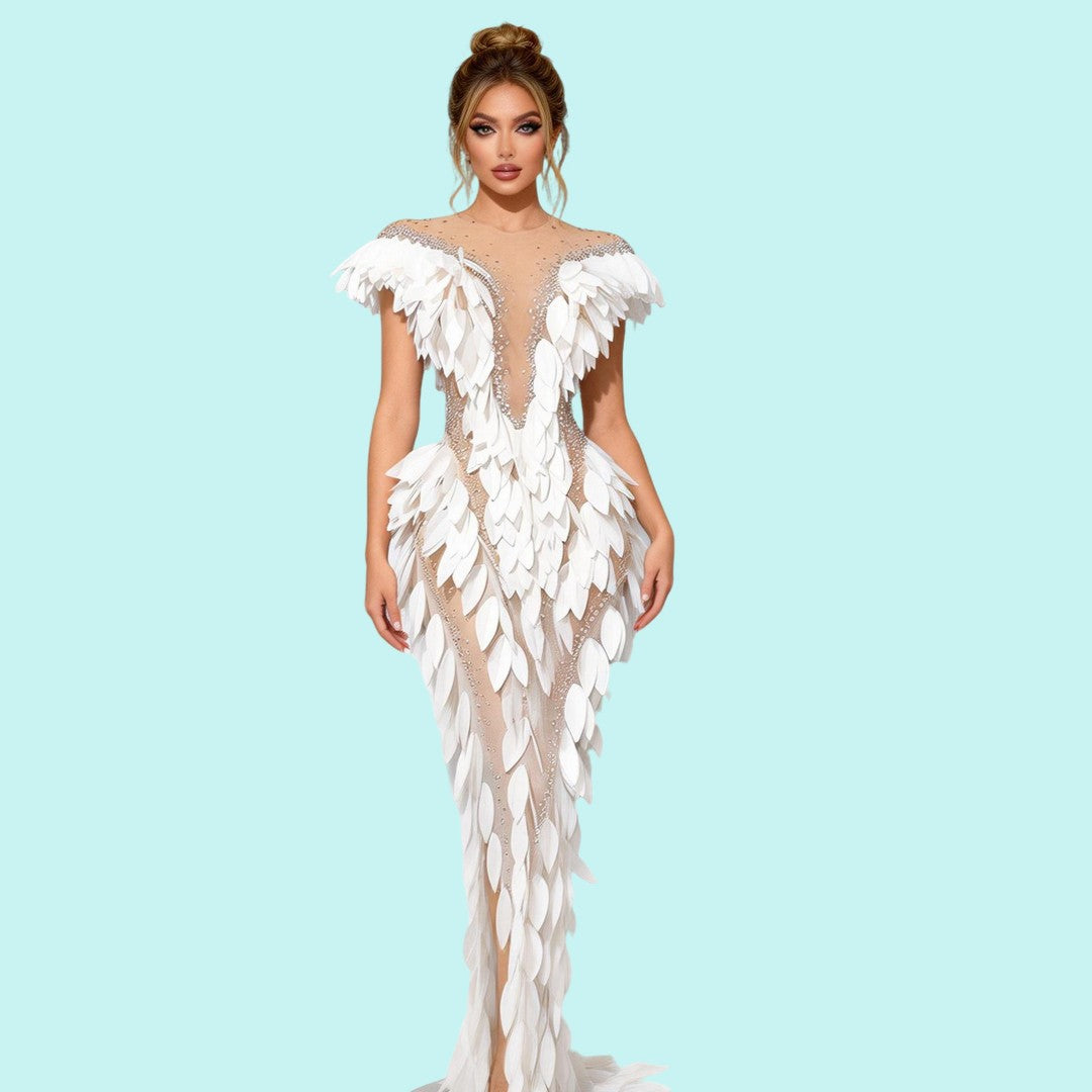 CELESINYI Baige Crystal White Feather Mermaid Gown