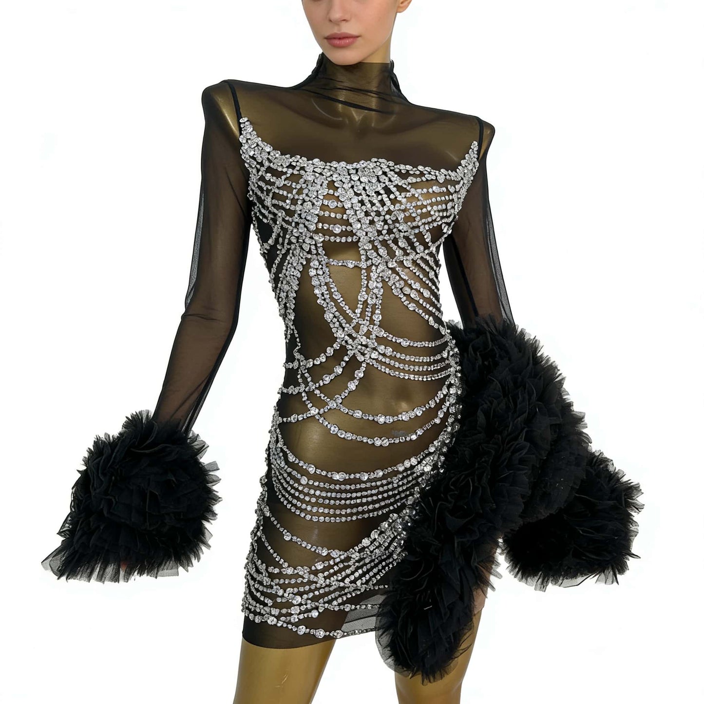 CELESINYI Gaoao Rhinestone Silver High Neck Mini Dress