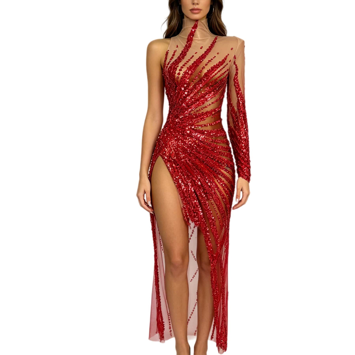 CELESINYI Xuejiang Crystal Red Asymmetric Gown