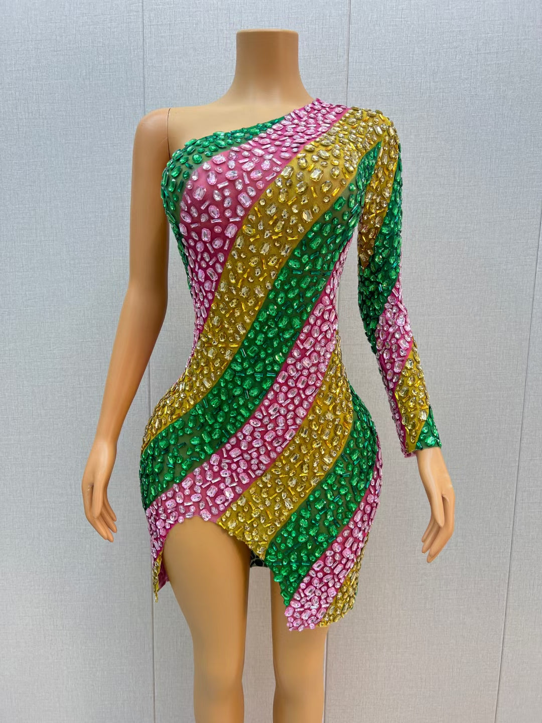 CELESINYI Chuncai Crystal Stripe Mini Dress