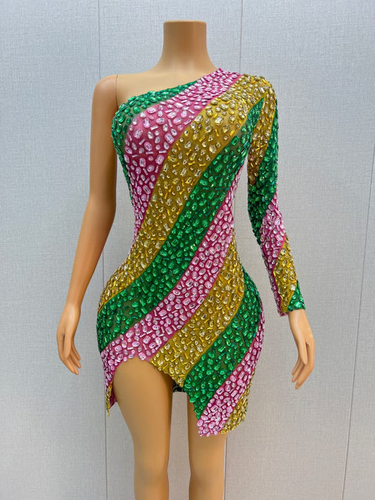 CELESINYI Chuncai Crystal Stripe Mini Dress