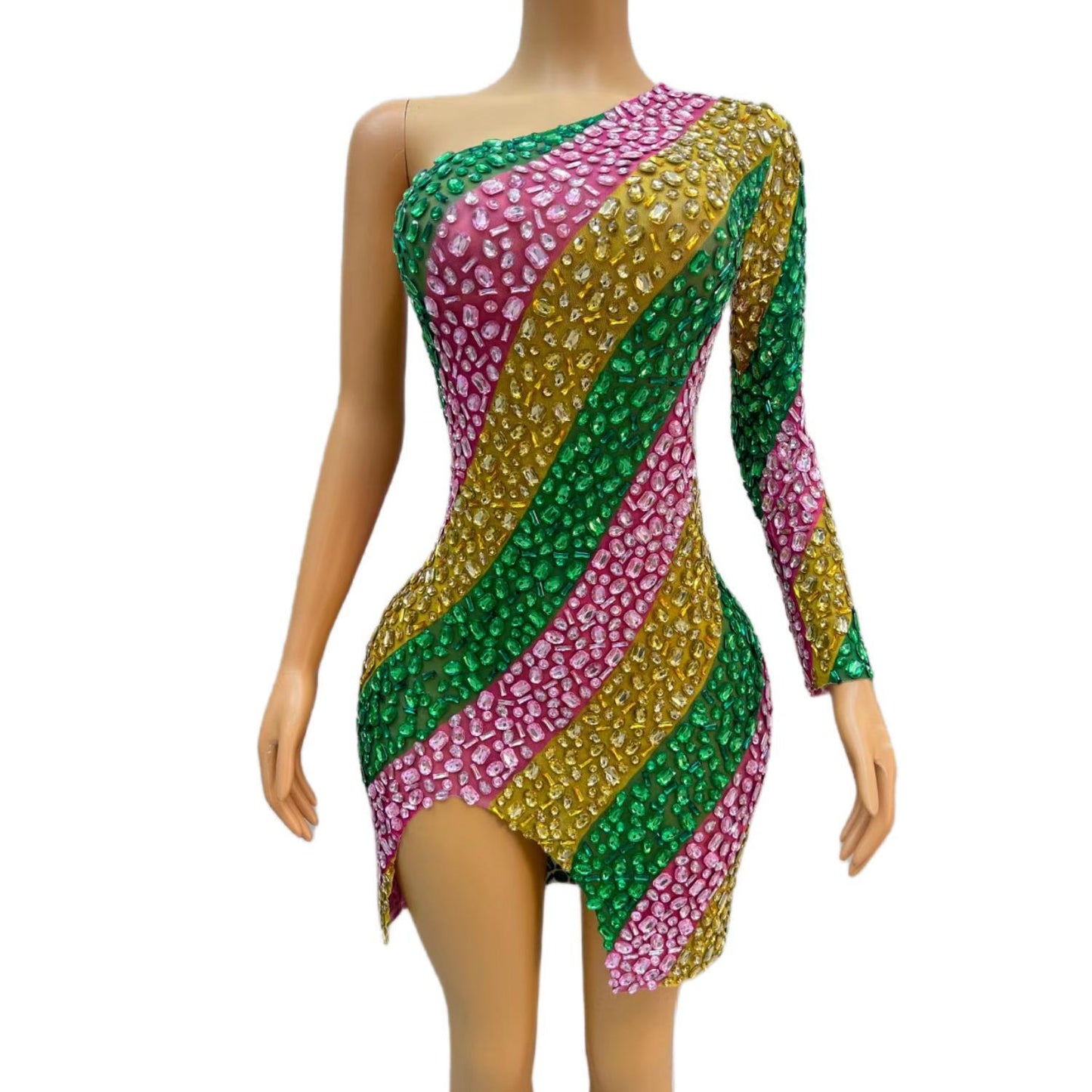 CELESINYI Chuncai Crystal Stripe Mini Dress