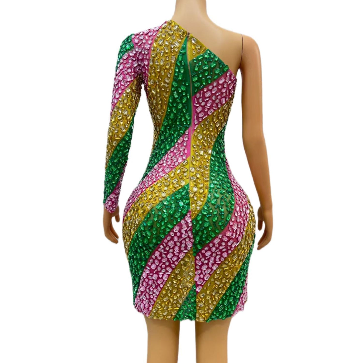 CELESINYI Chuncai Crystal Stripe Mini Dress