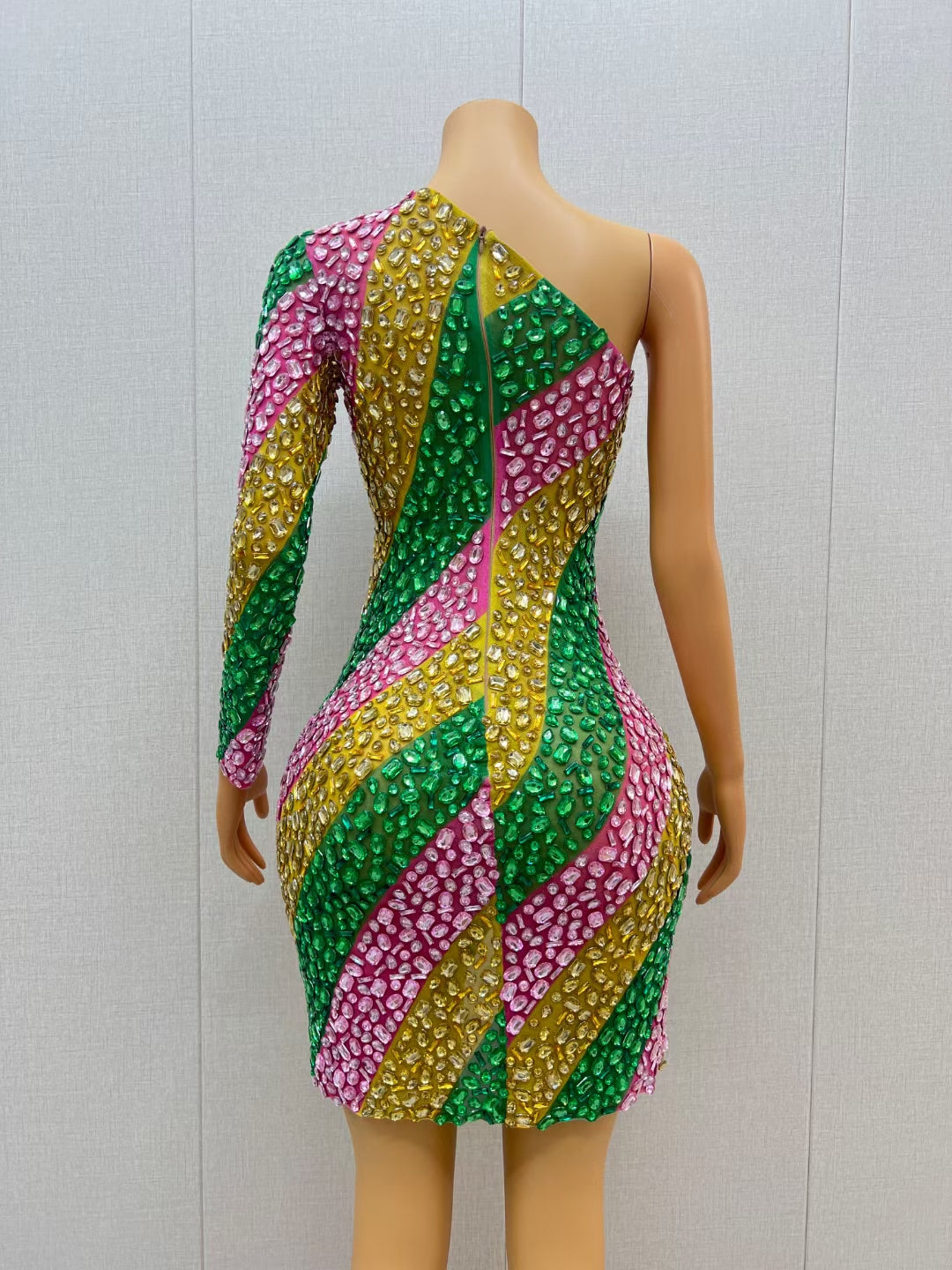 CELESINYI Chuncai Crystal Stripe Mini Dress