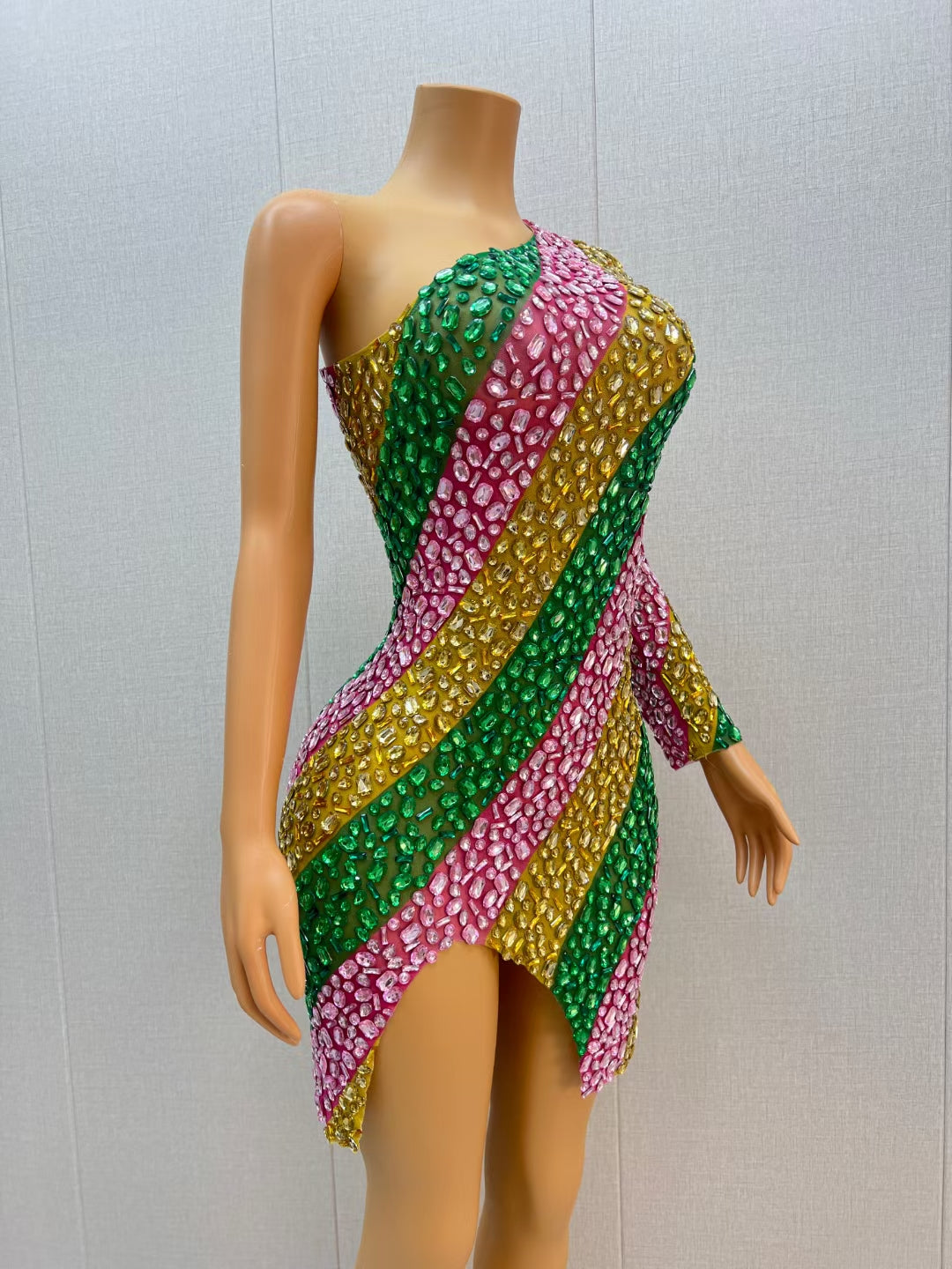 CELESINYI Chuncai Crystal Stripe Mini Dress