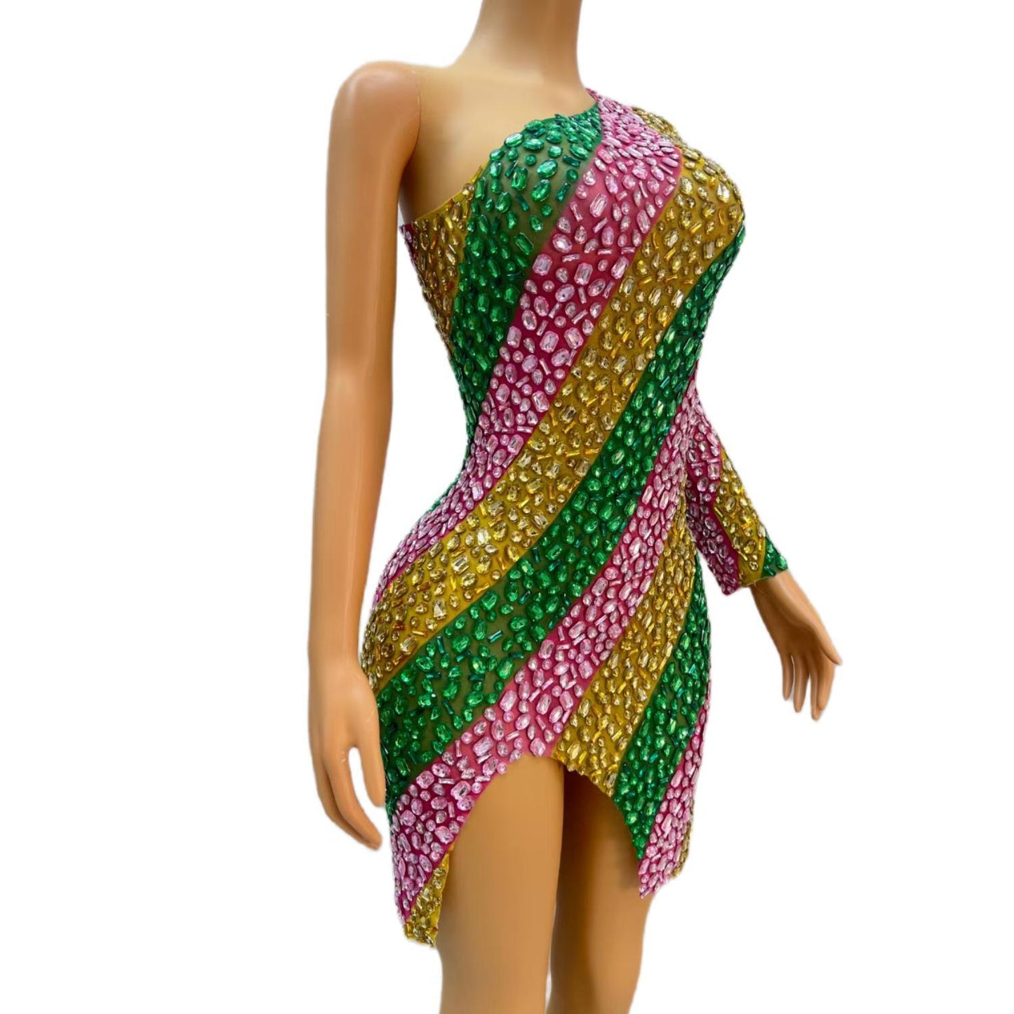 CELESINYI Chuncai Crystal Stripe Mini Dress