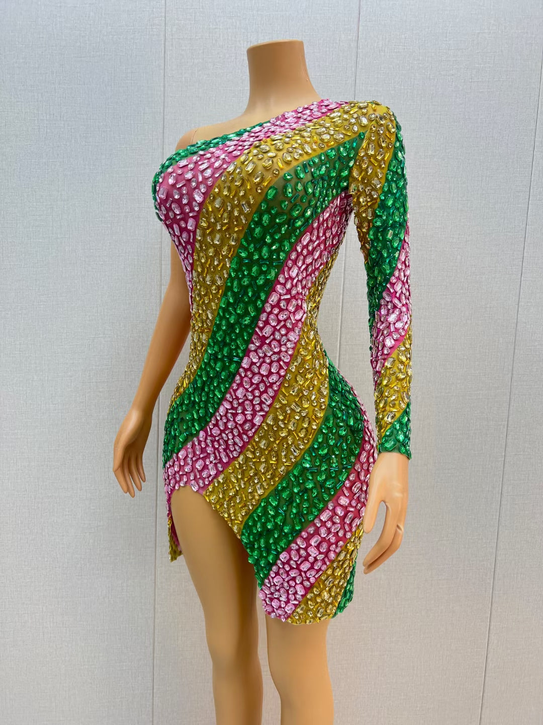 CELESINYI Chuncai Crystal Stripe Mini Dress