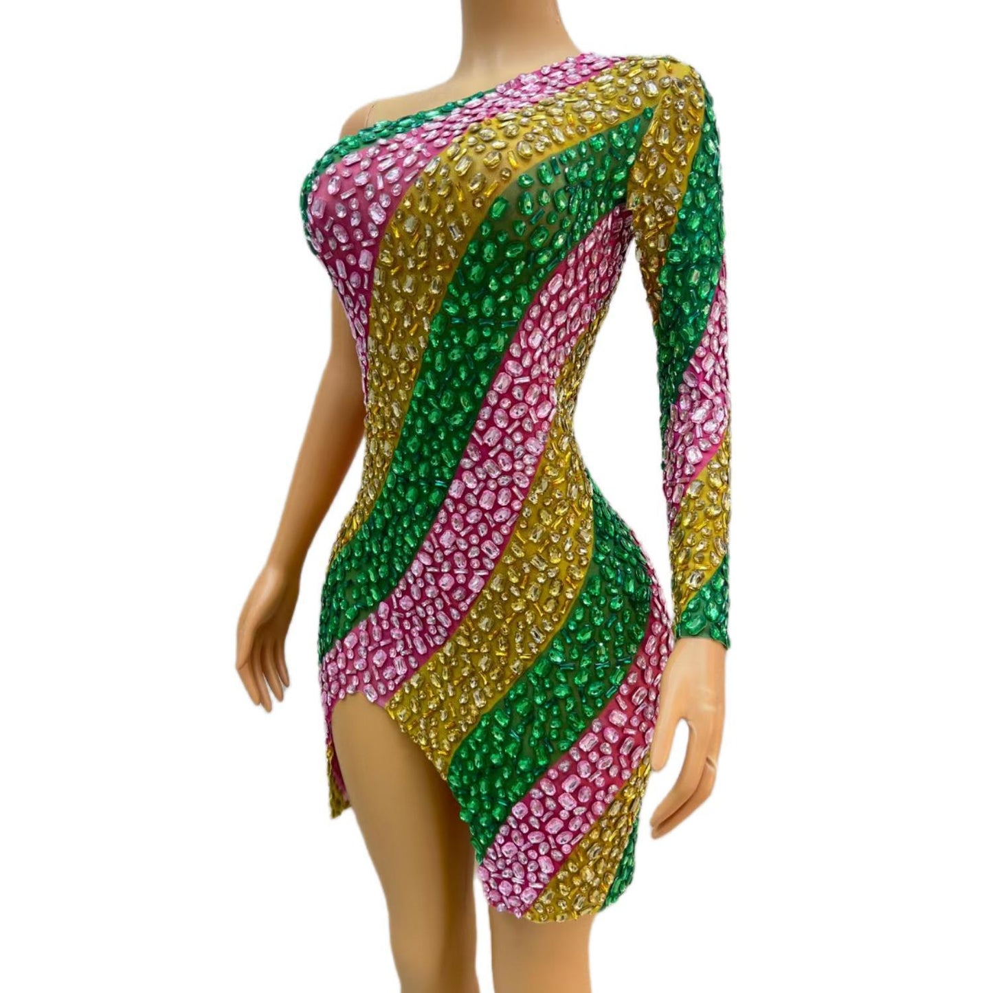 CELESINYI Chuncai Crystal Stripe Mini Dress