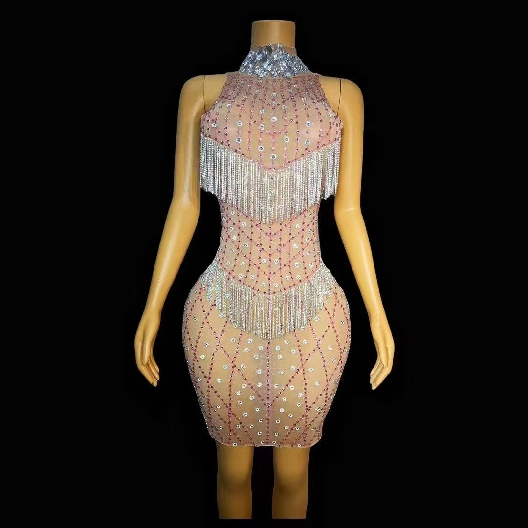 CELESINYI Shawang Crystal Diamond Mesh Gown