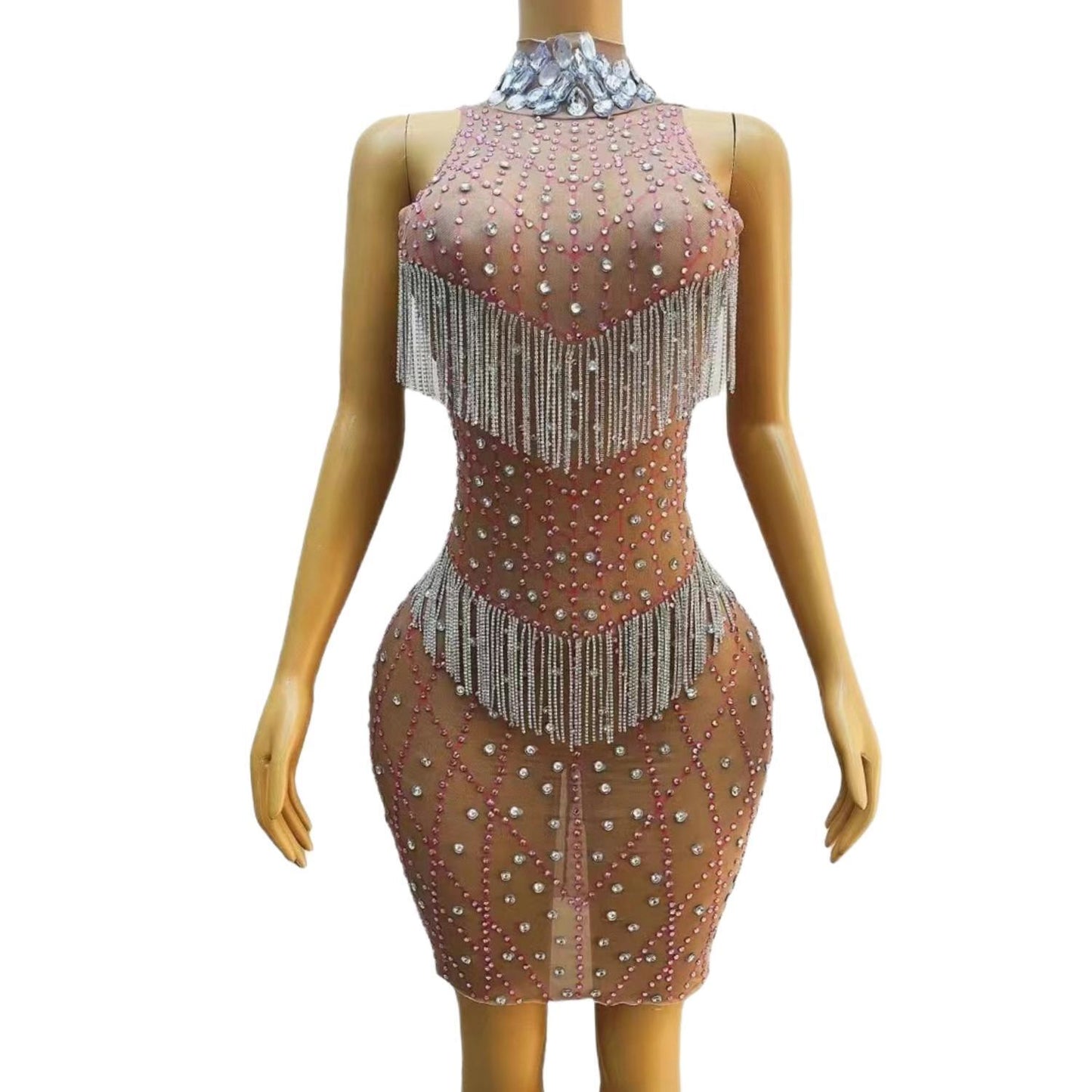 CELESINYI Shawang Crystal Diamond Mesh Gown