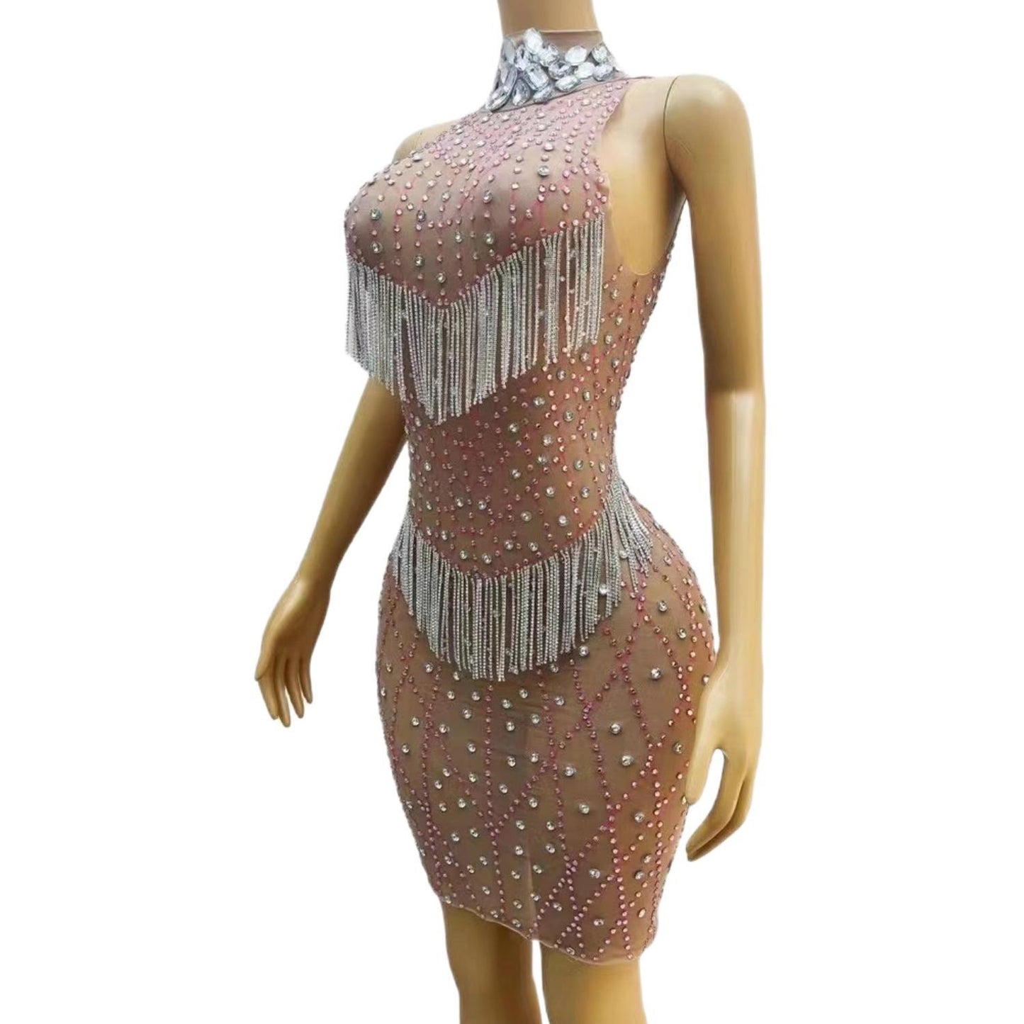 CELESINYI Shawang Crystal Diamond Mesh Gown