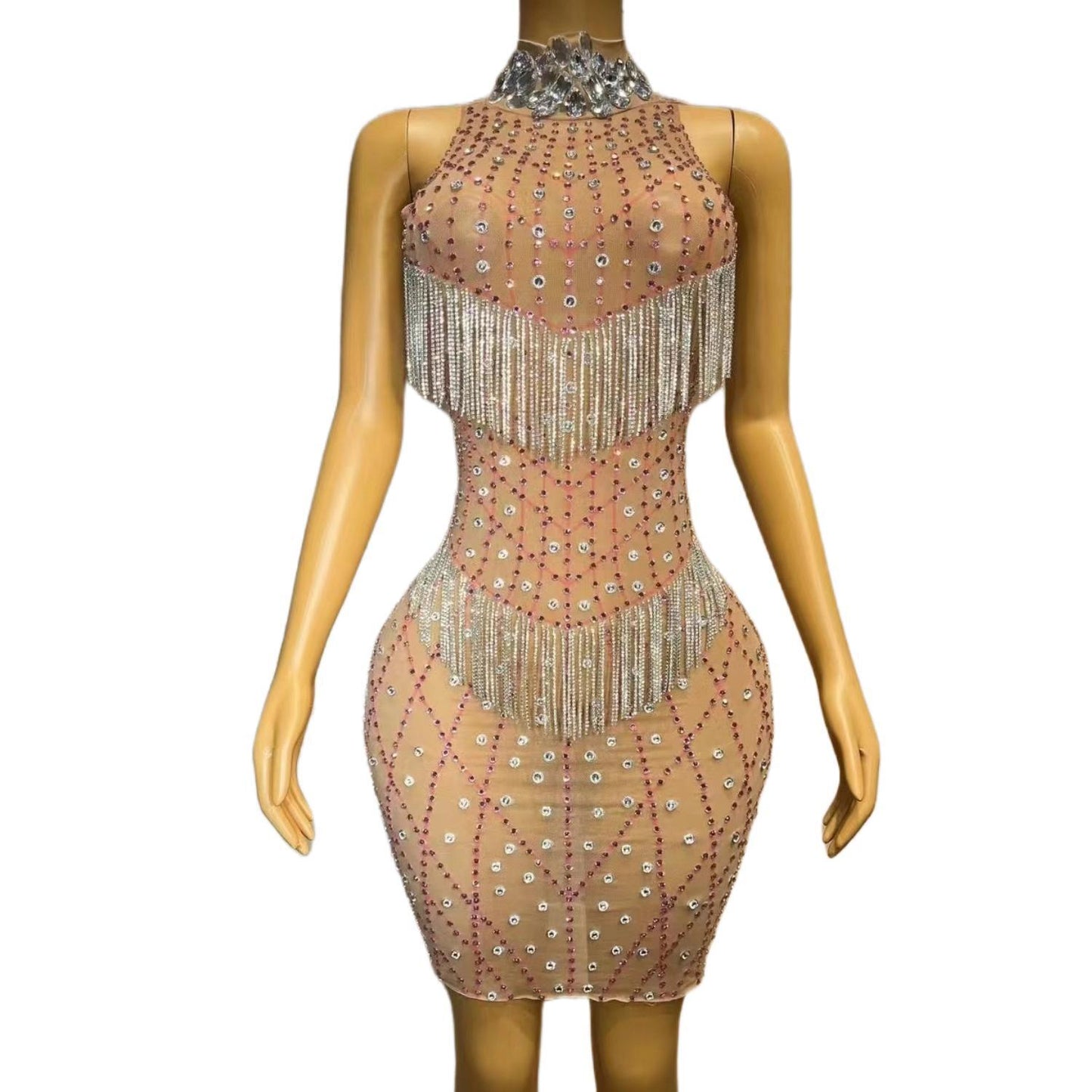 CELESINYI Shawang Crystal Diamond Mesh Gown