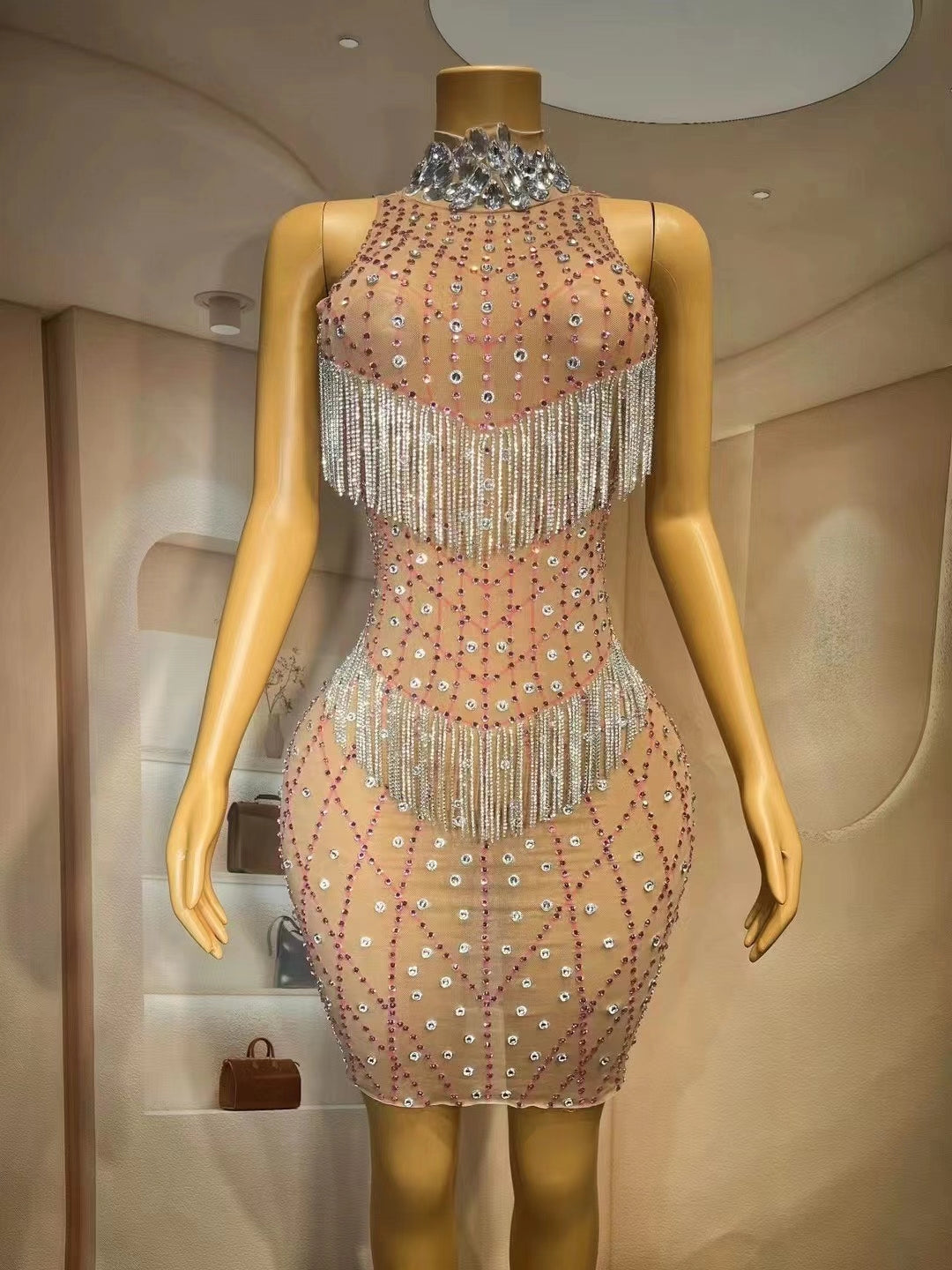CELESINYI Shawang Crystal Diamond Mesh Gown