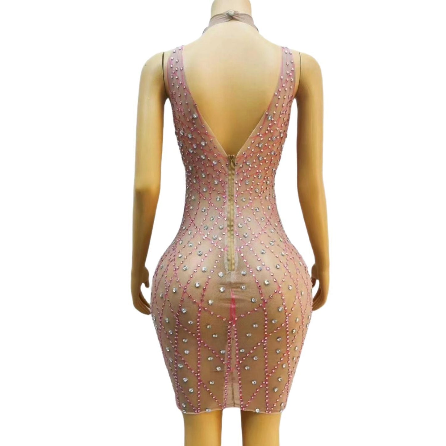 CELESINYI Shawang Crystal Diamond Mesh Gown