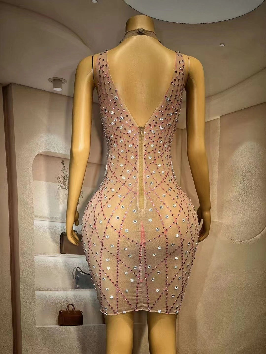 CELESINYI Shawang Crystal Diamond Mesh Gown