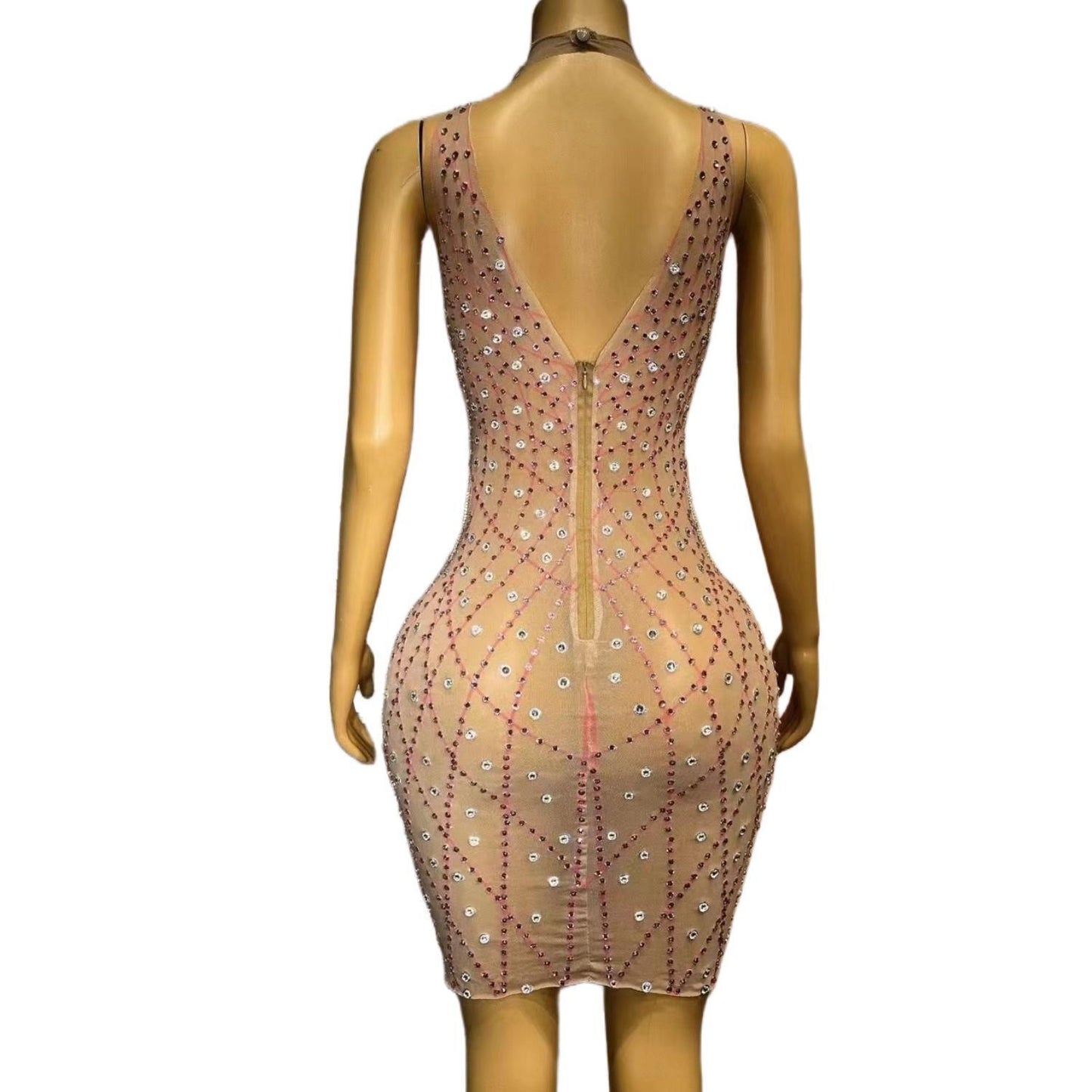 CELESINYI Shawang Crystal Diamond Mesh Gown
