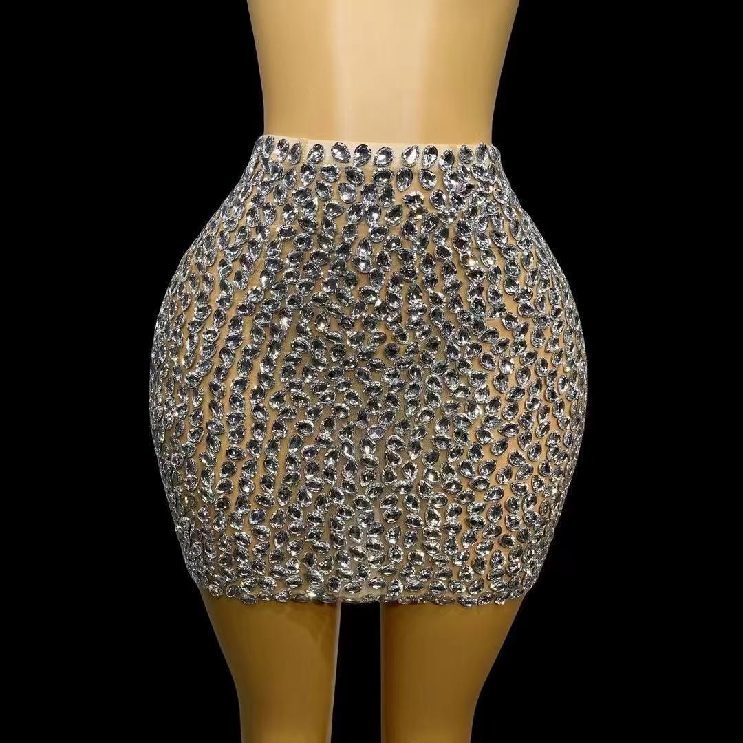 CELESINYI Shuidiqun Crystal Silver Mini Skirt