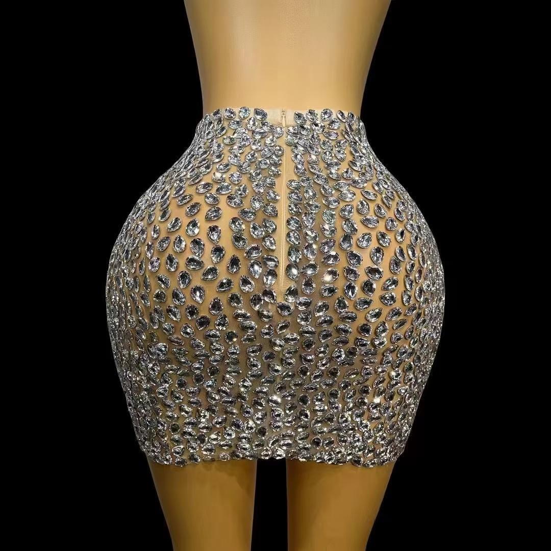 CELESINYI Shuidiqun Crystal Silver Mini Skirt
