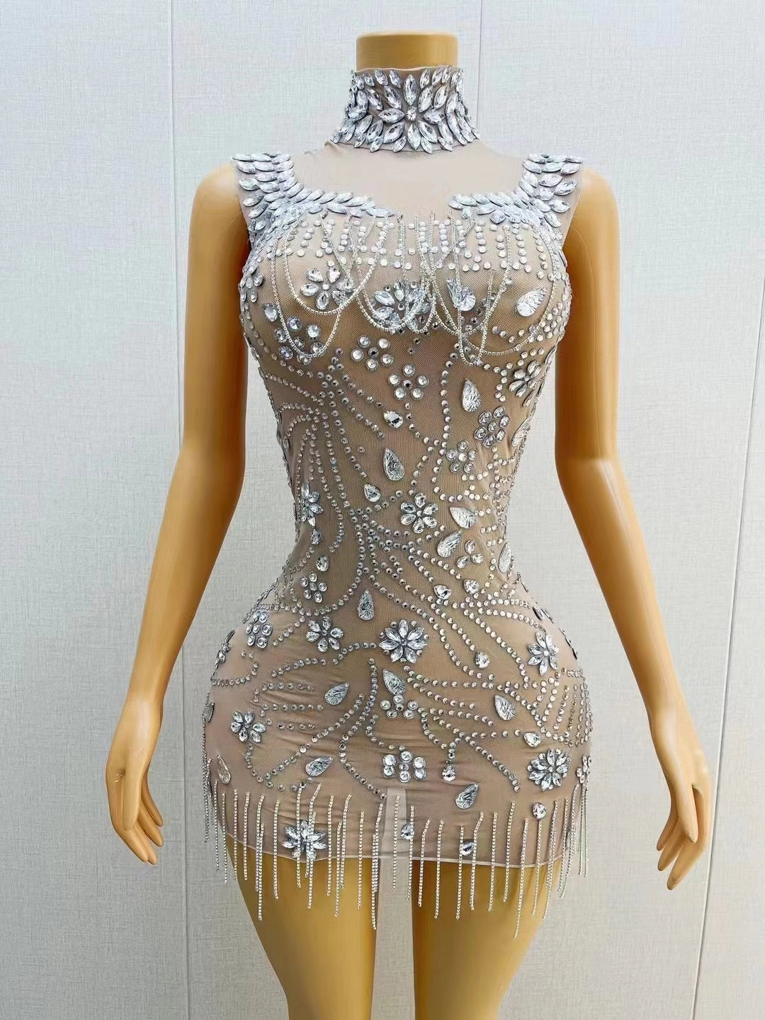 CELESINYI Yulian Crystal Rain Mini Dress