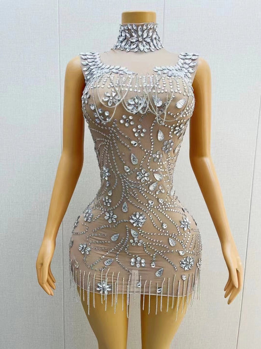 CELESINYI Yulian Crystal Rain Mini Dress