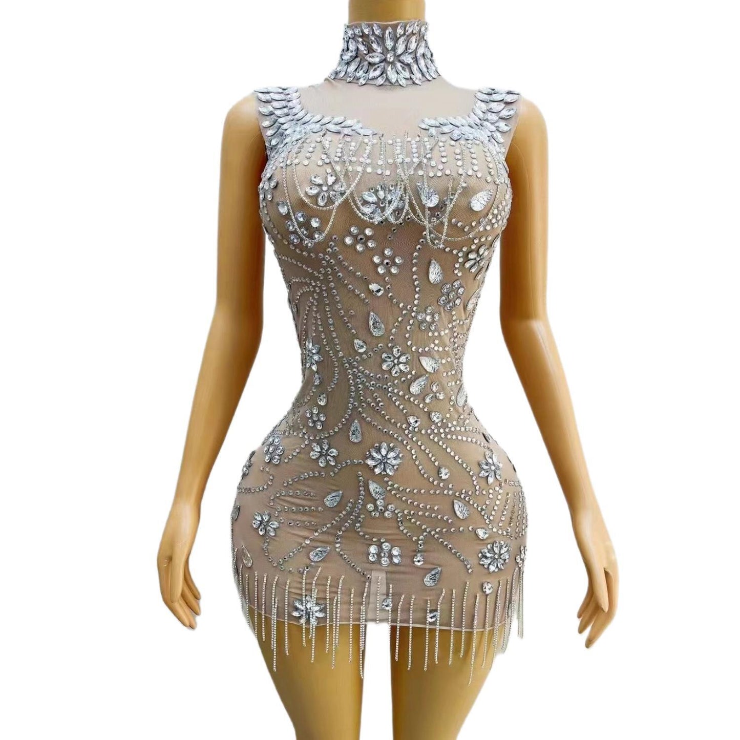 CELESINYI Yulian Crystal Rain Mini Dress
