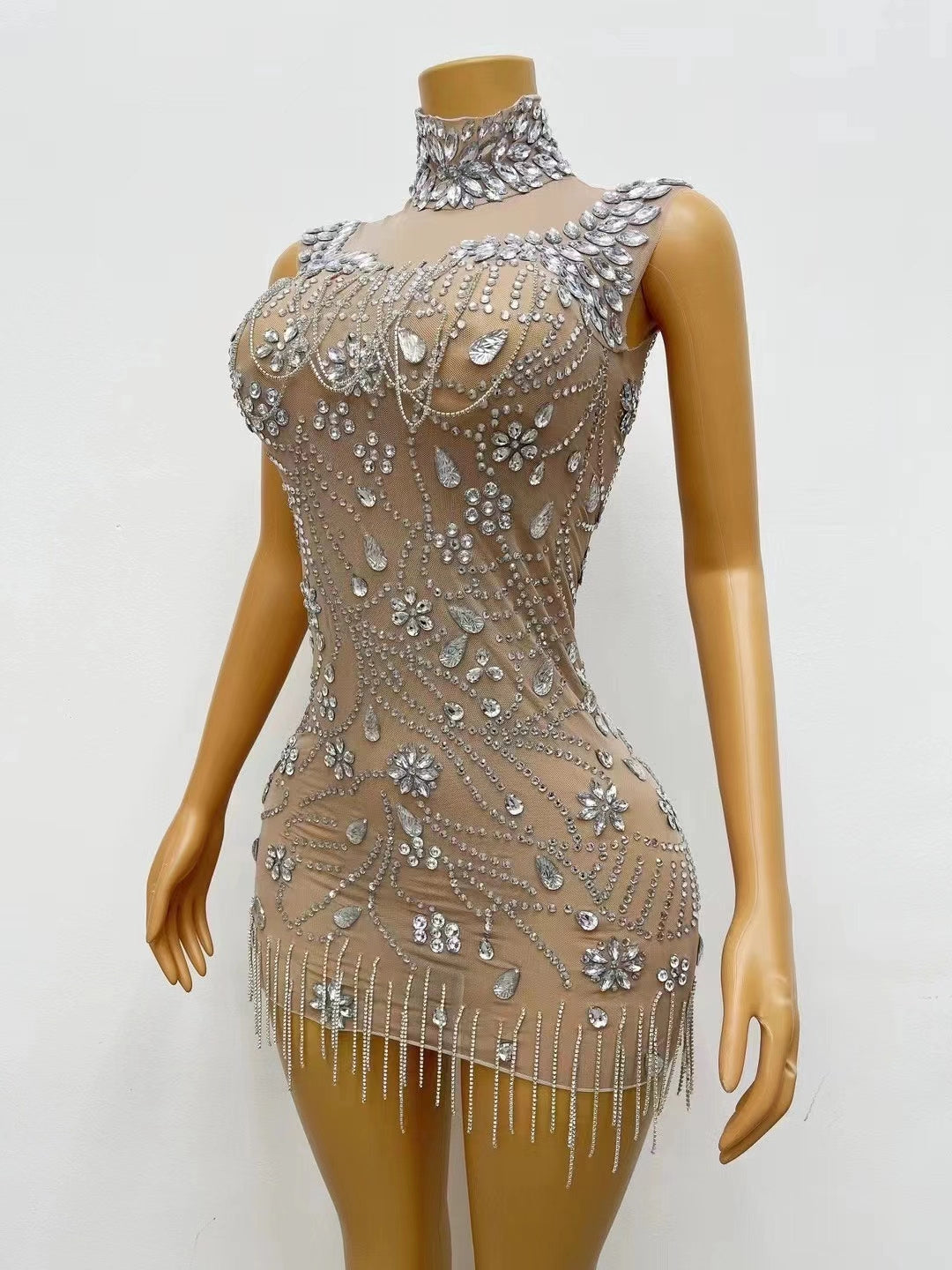 CELESINYI Yulian Crystal Rain Mini Dress