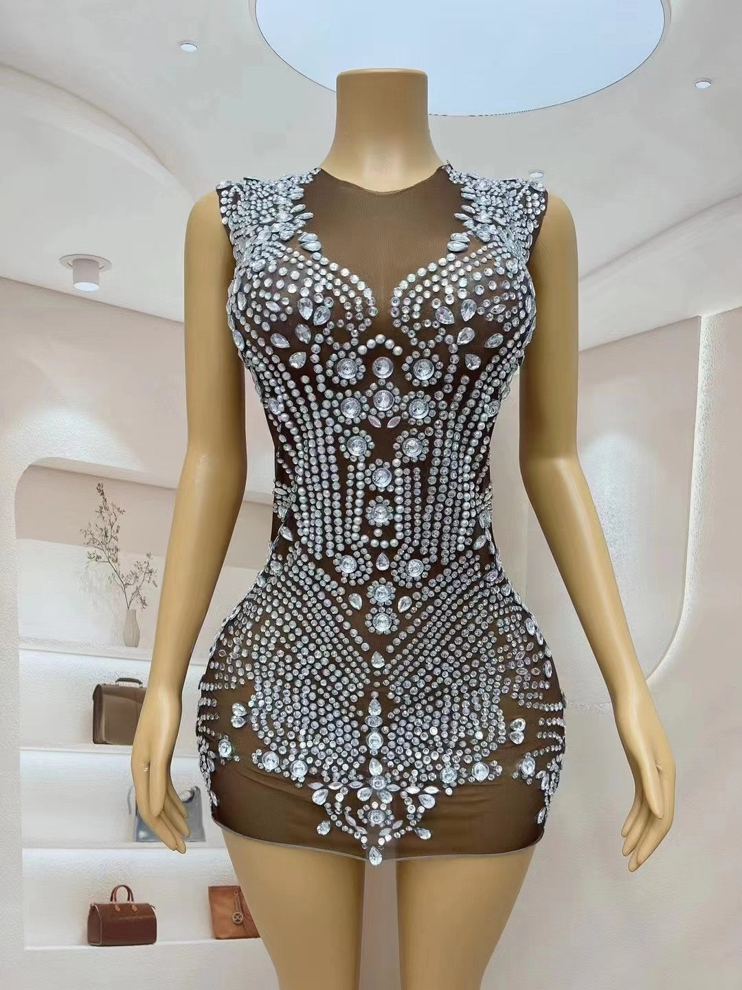 CELESINYI Dingzhu Crystal Pearl Mini Dress