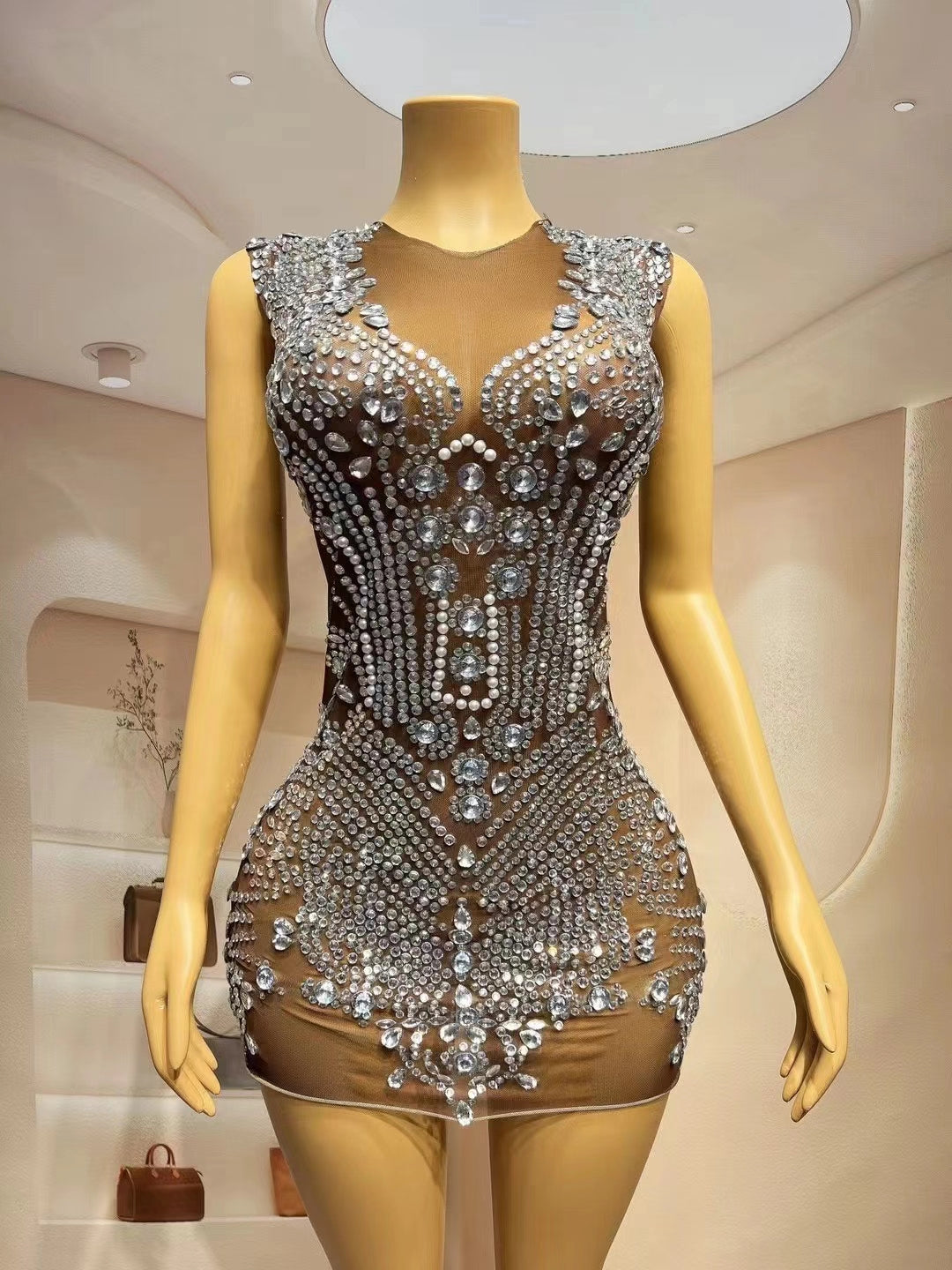 CELESINYI Dingzhu Crystal Pearl Mini Dress