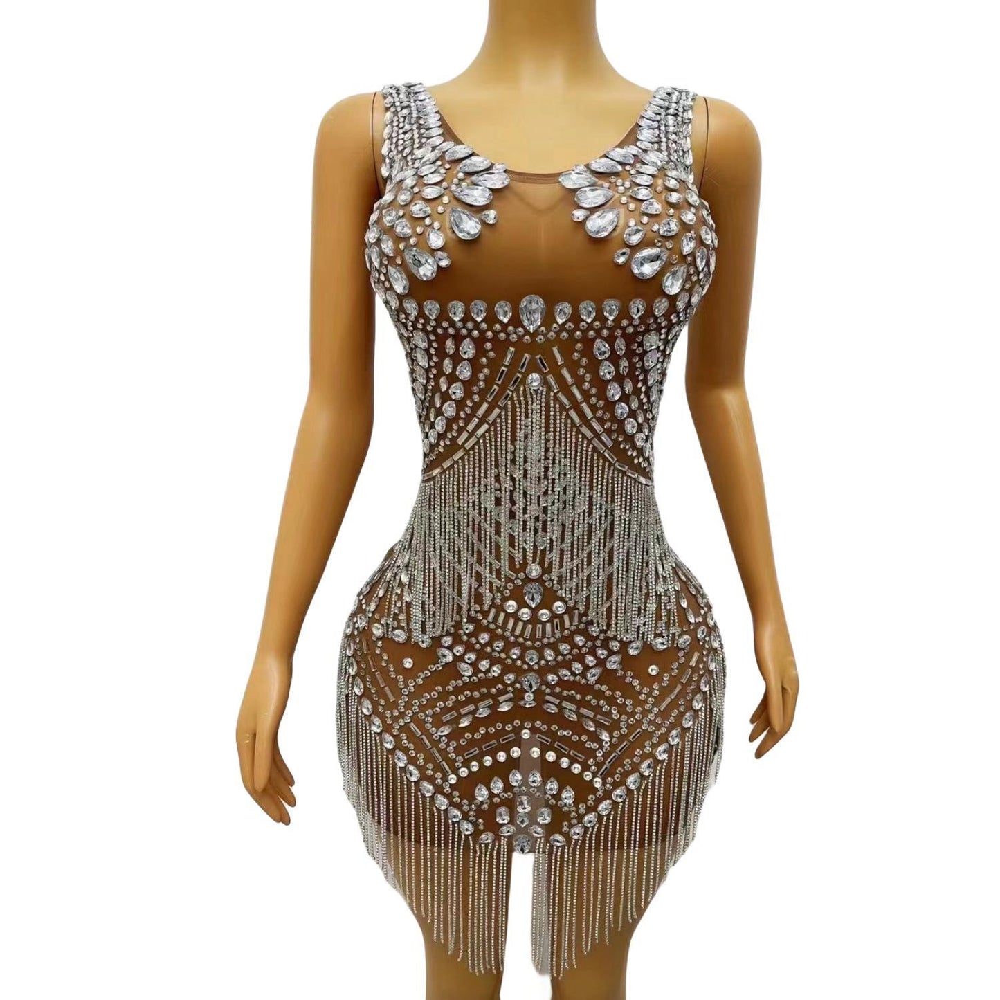 CELESINYI Songhua Crystal Fringe Mini Dress