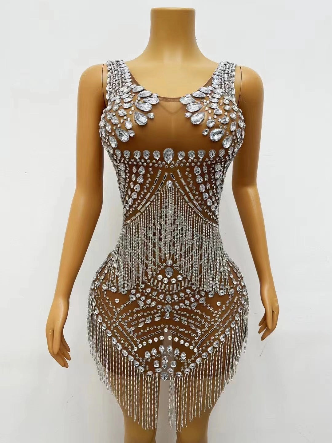 CELESINYI Songhua Crystal Fringe Mini Dress
