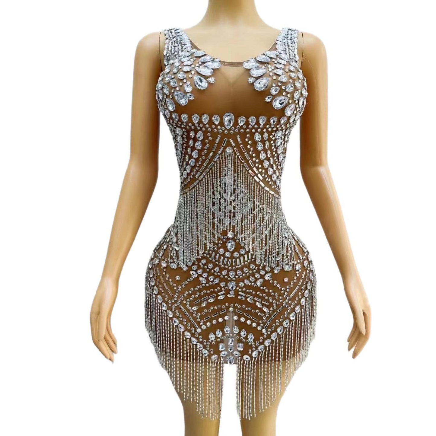 CELESINYI Songhua Crystal Fringe Mini Dress