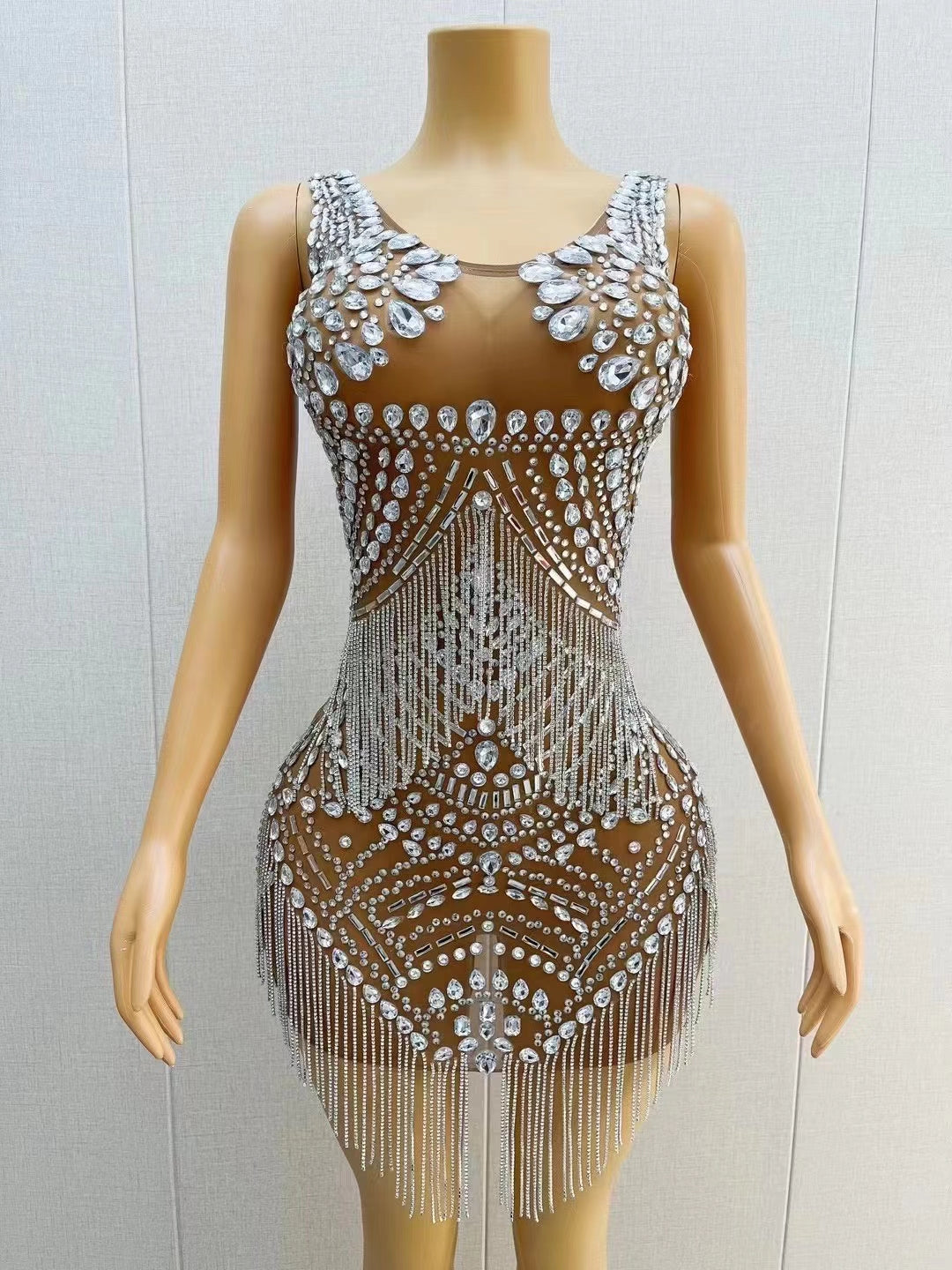 CELESINYI Songhua Crystal Fringe Mini Dress