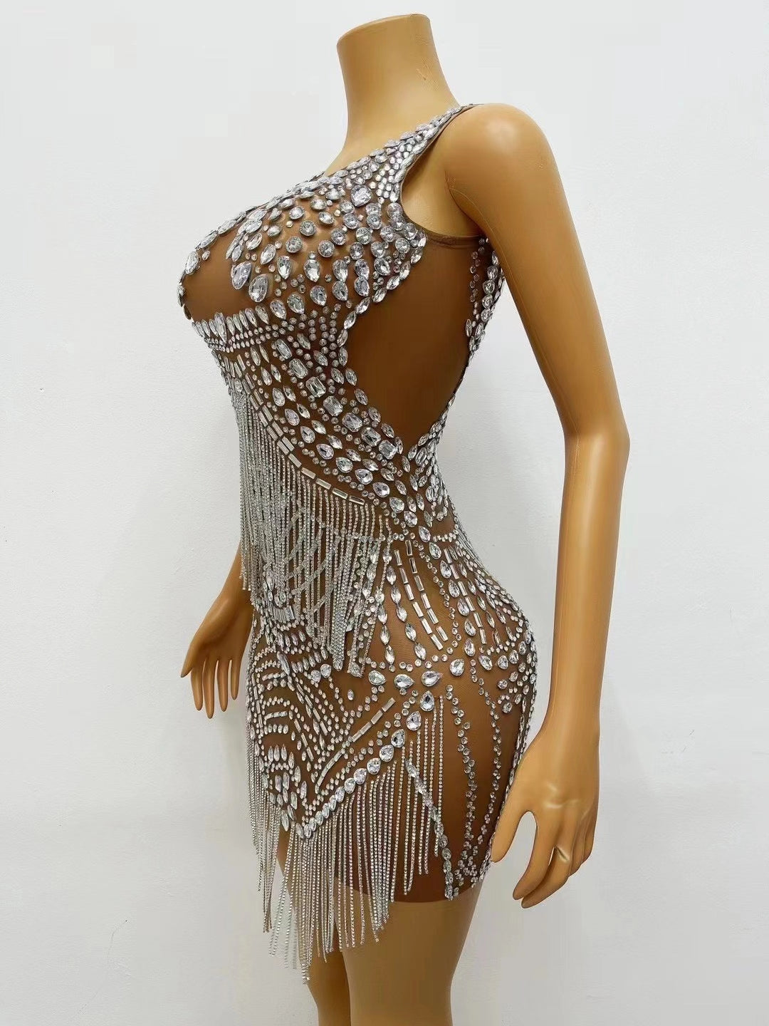 CELESINYI Songhua Crystal Fringe Mini Dress