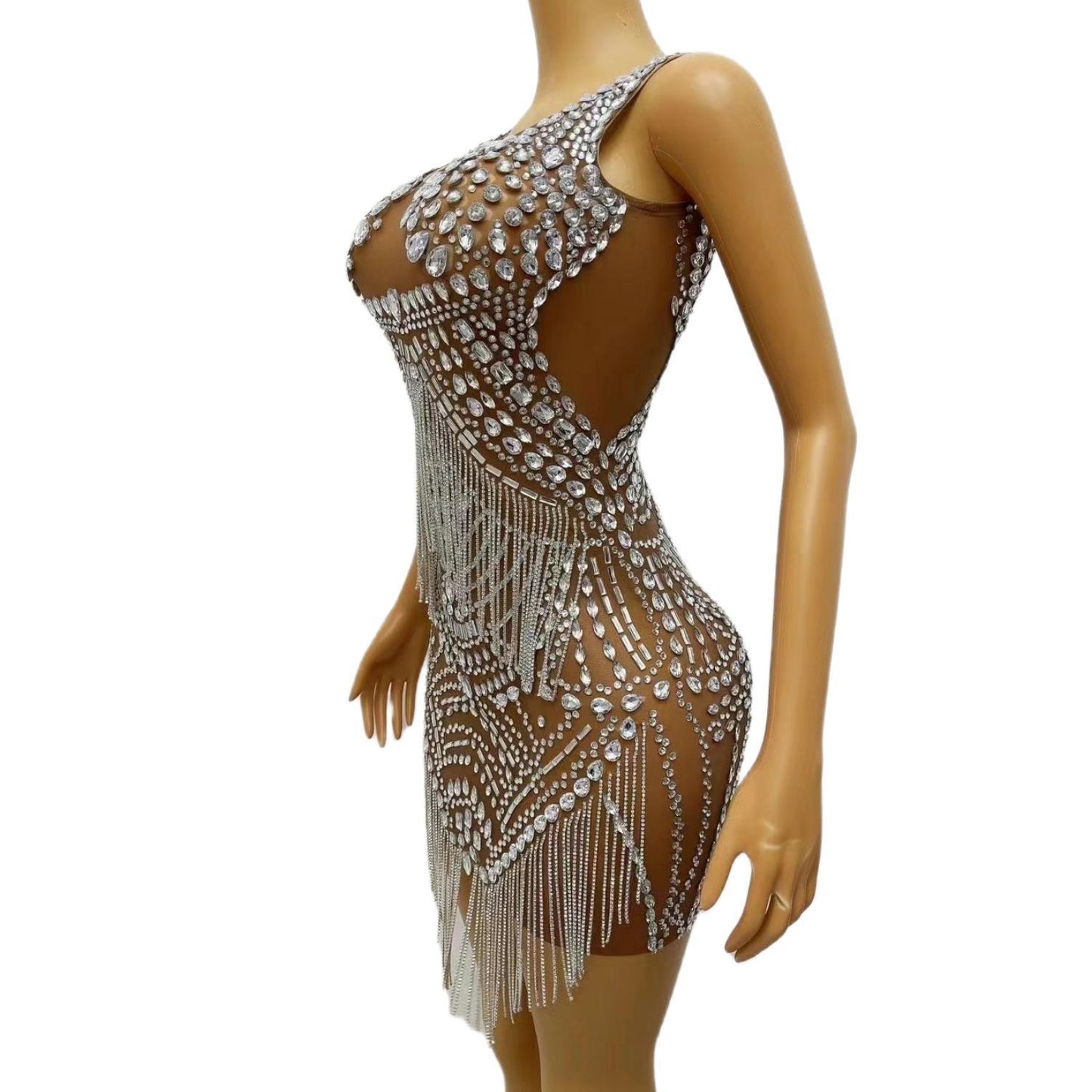 CELESINYI Songhua Crystal Fringe Mini Dress