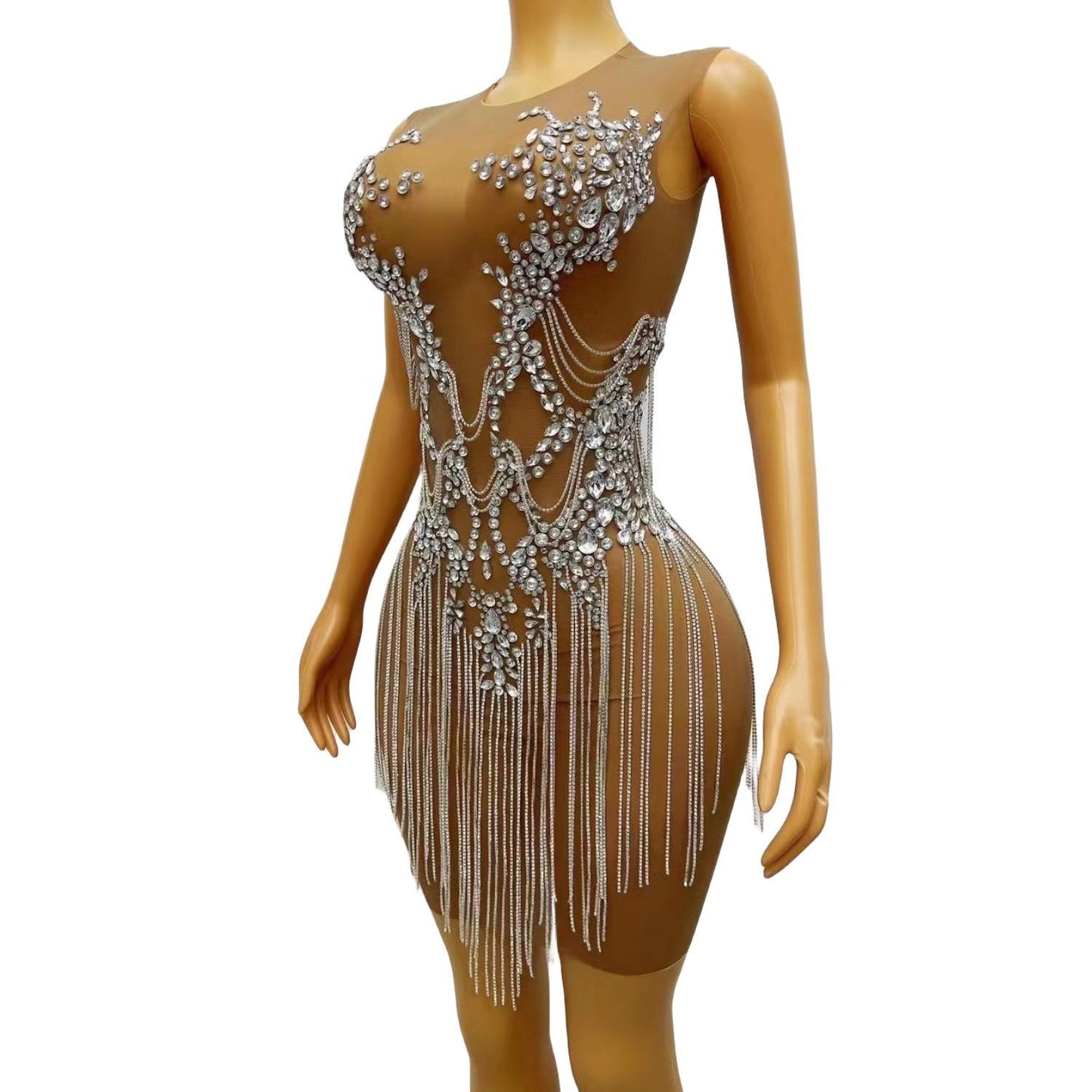 CELESINYI Zuanhua Crystal Silver Mini Dress