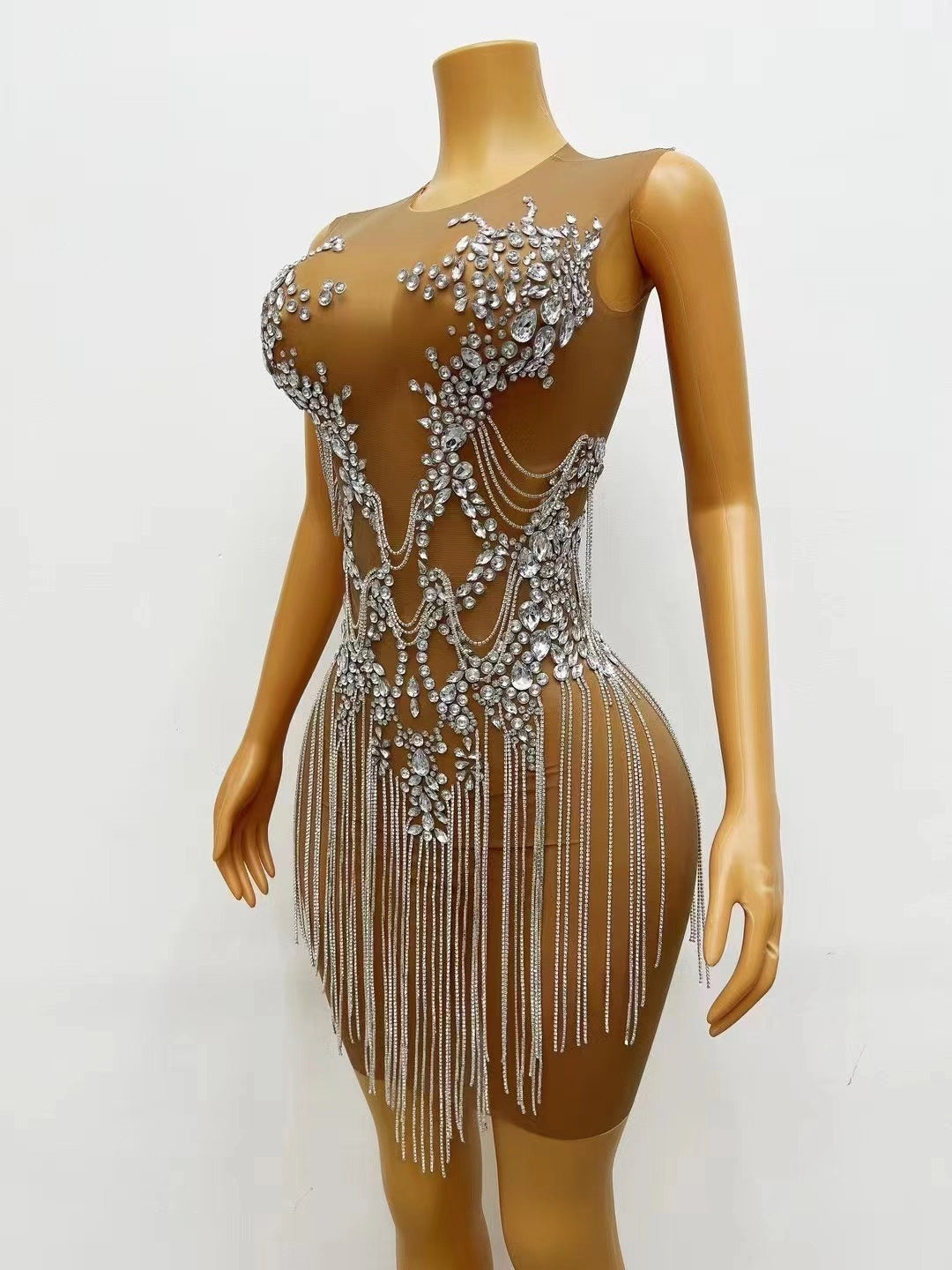 CELESINYI Zuanhua Crystal Silver Mini Dress