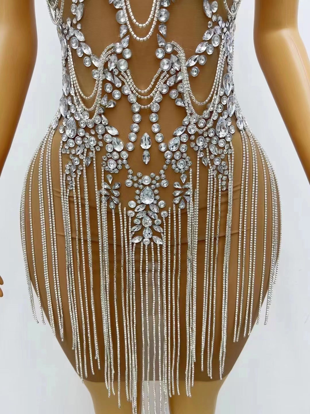 CELESINYI Zuanhua Crystal Silver Mini Dress