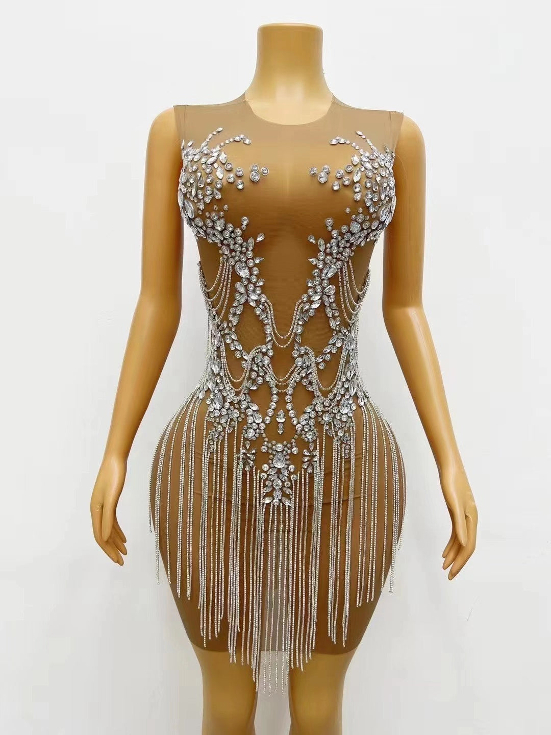 CELESINYI Zuanhua Crystal Silver Mini Dress