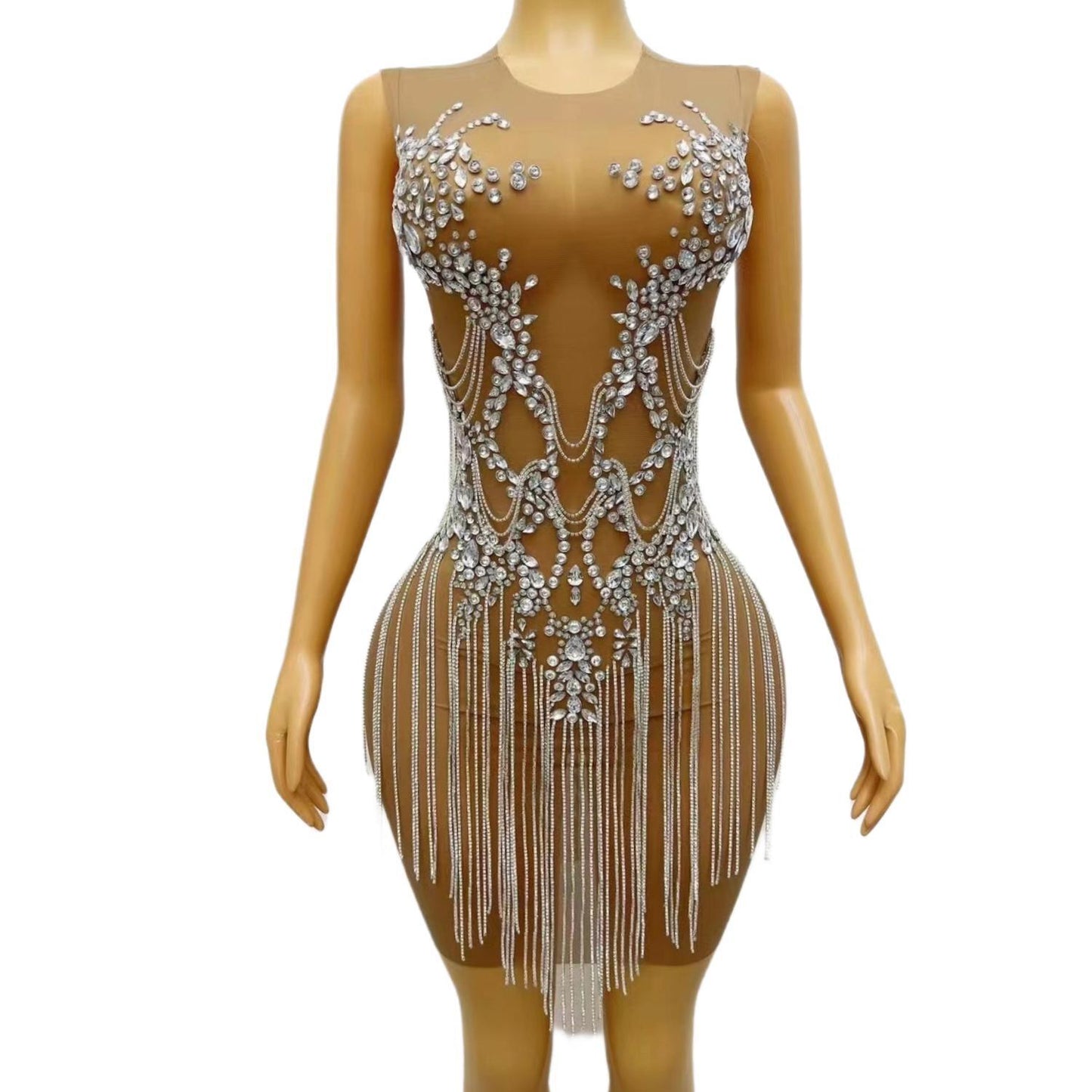 CELESINYI Zuanhua Crystal Silver Mini Dress