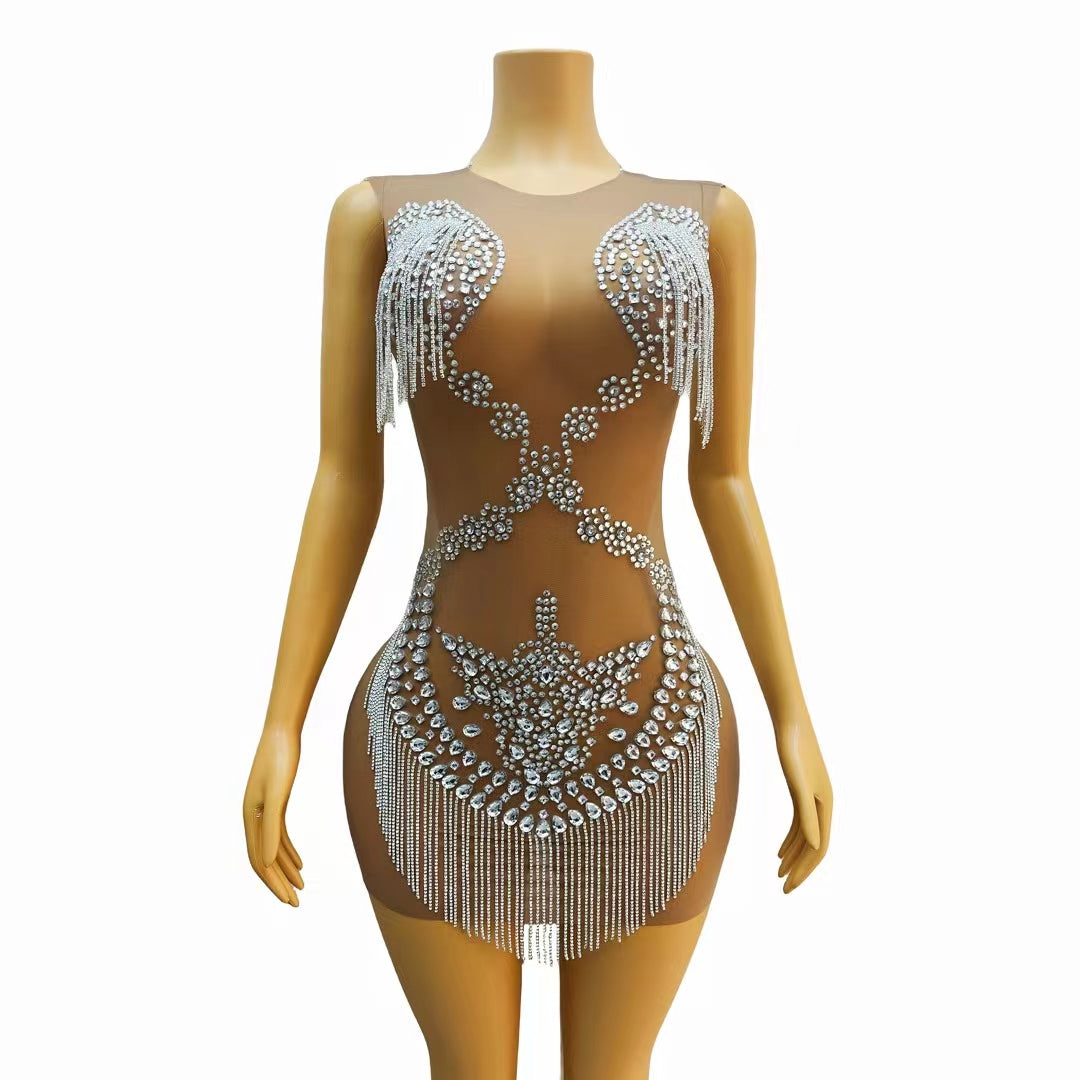 CELESINYI Lianzhuzhi Crystal Chain Mini Dress