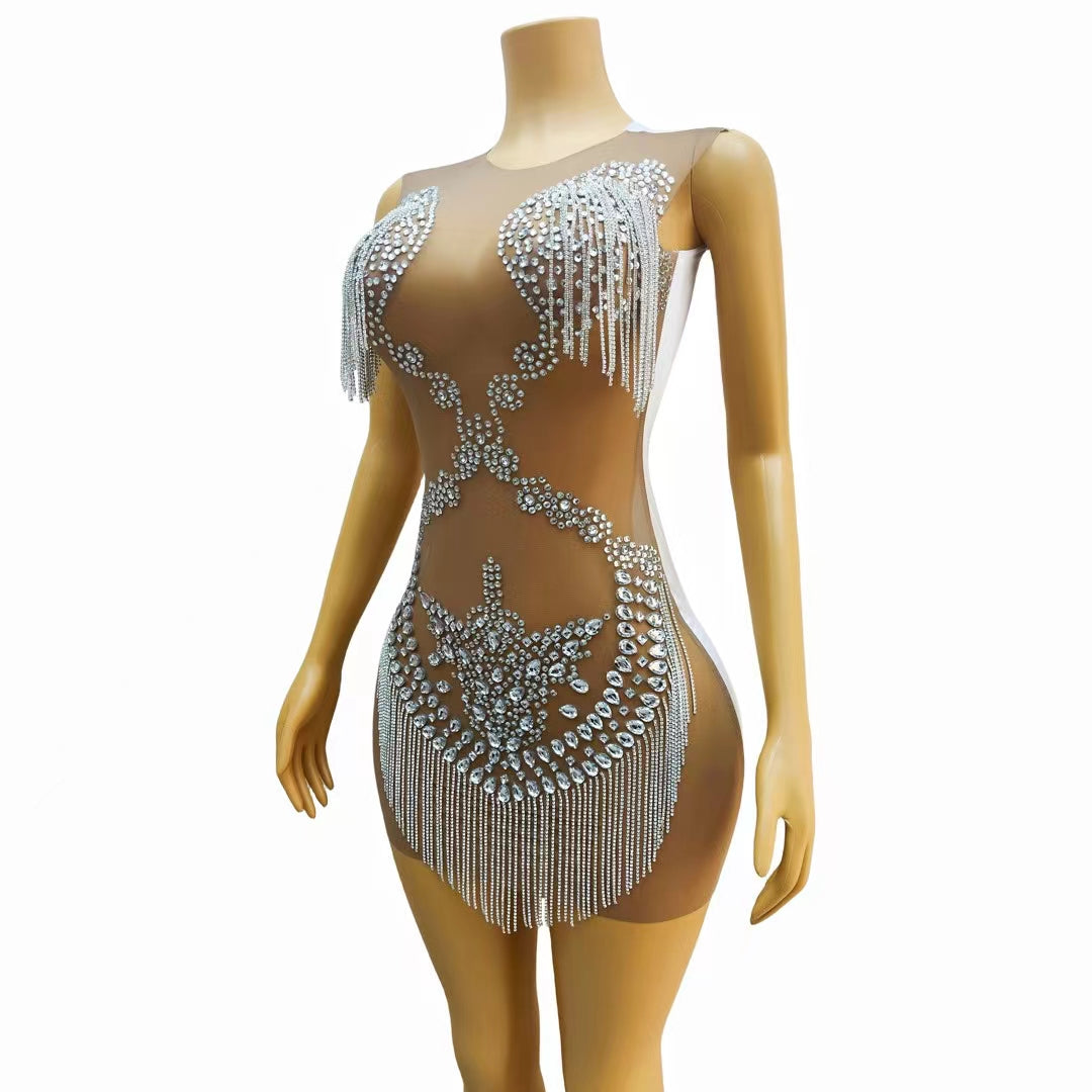 CELESINYI Lianzhuzhi Crystal Chain Mini Dress