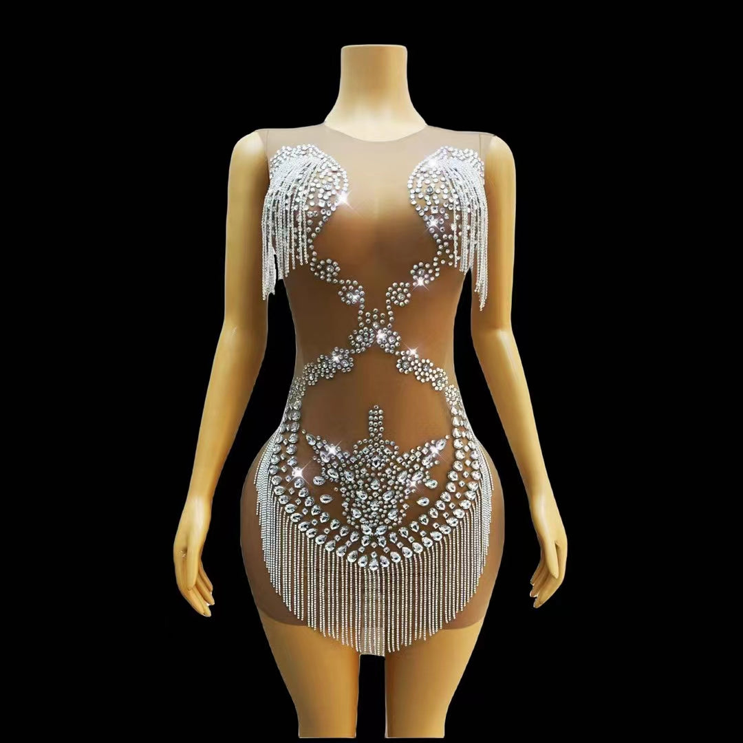 CELESINYI Lianzhuzhi Crystal Chain Mini Dress