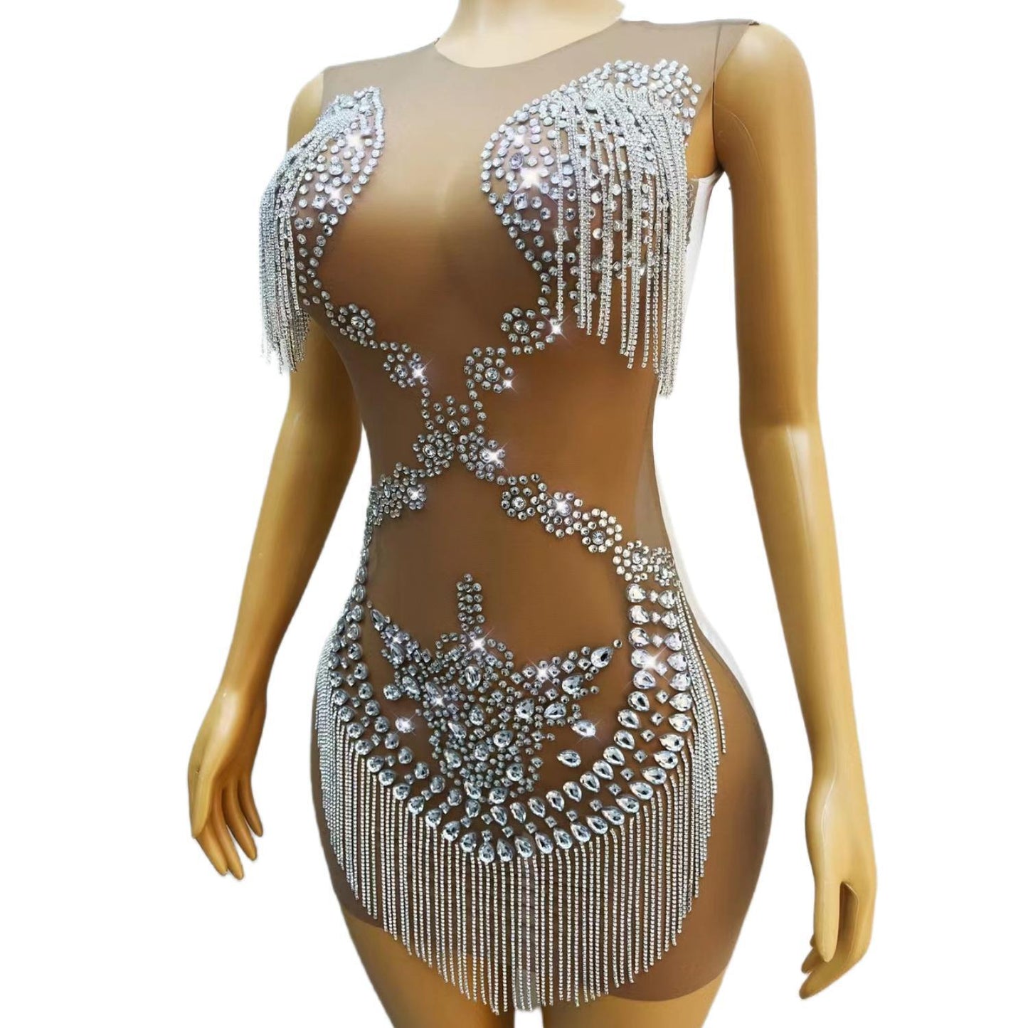 CELESINYI Lianzhuzhi Crystal Chain Mini Dress